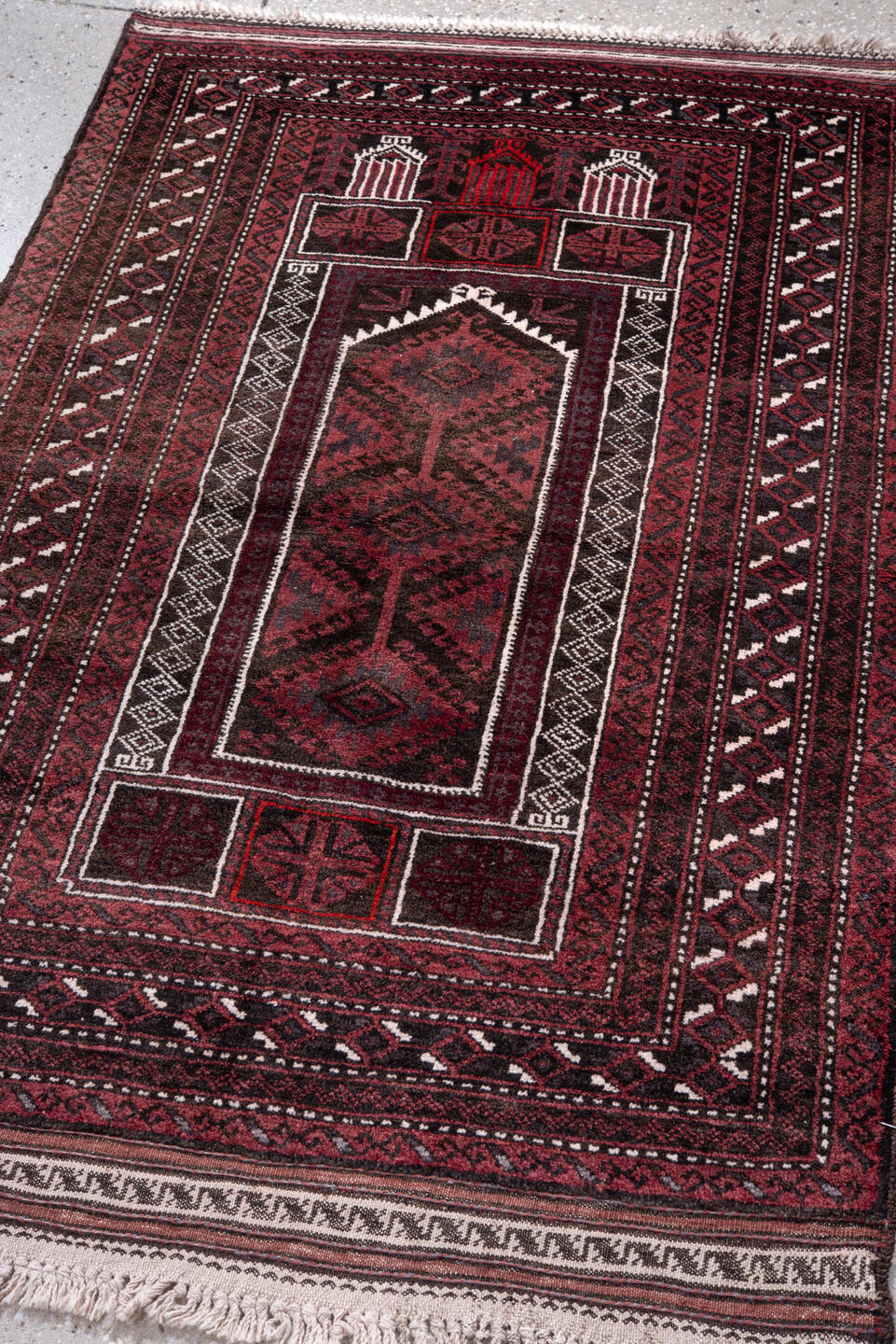 2' x 4' one-of-a-kind handmade vintage Belouch small size rug. Color palette: brown, burgundy, gray, light gray, misty rose