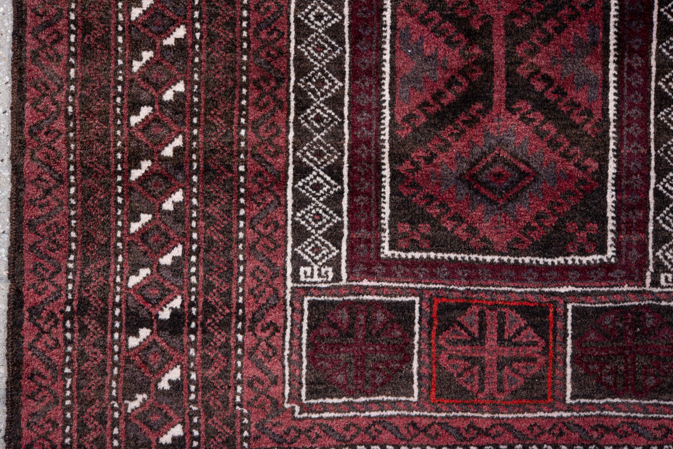 2' x 4' one-of-a-kind handmade vintage Belouch small size rug. Color palette: brown, burgundy, gray, light gray, misty rose