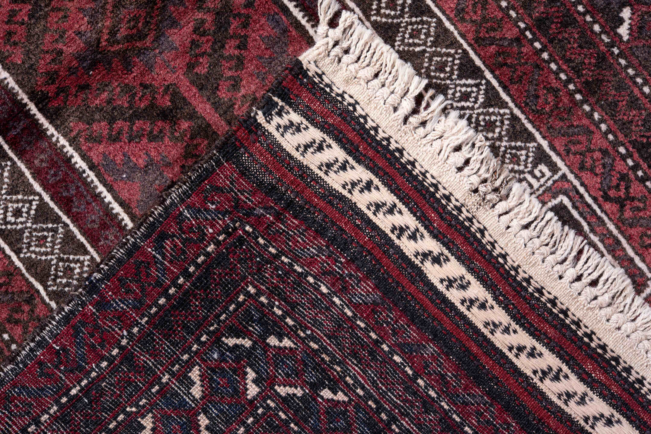 2' x 4' one-of-a-kind handmade vintage Belouch small size rug. Color palette: brown, burgundy, gray, light gray, misty rose
