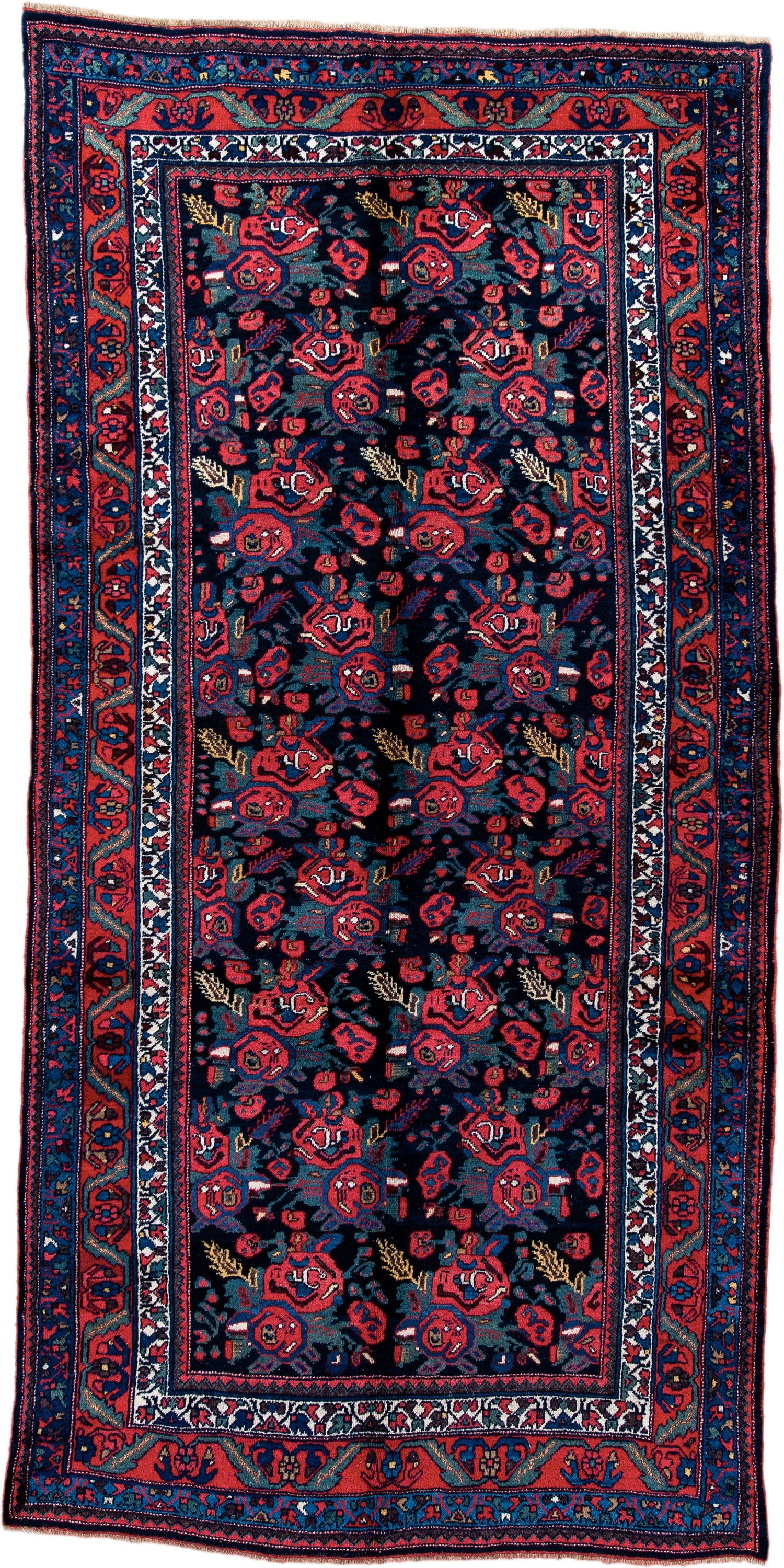 5' x 10' one-of-a-kind handmade antique Bidjar medium size rug. Color palette: navy, red, ivory, cobalt, rose, teal, gold