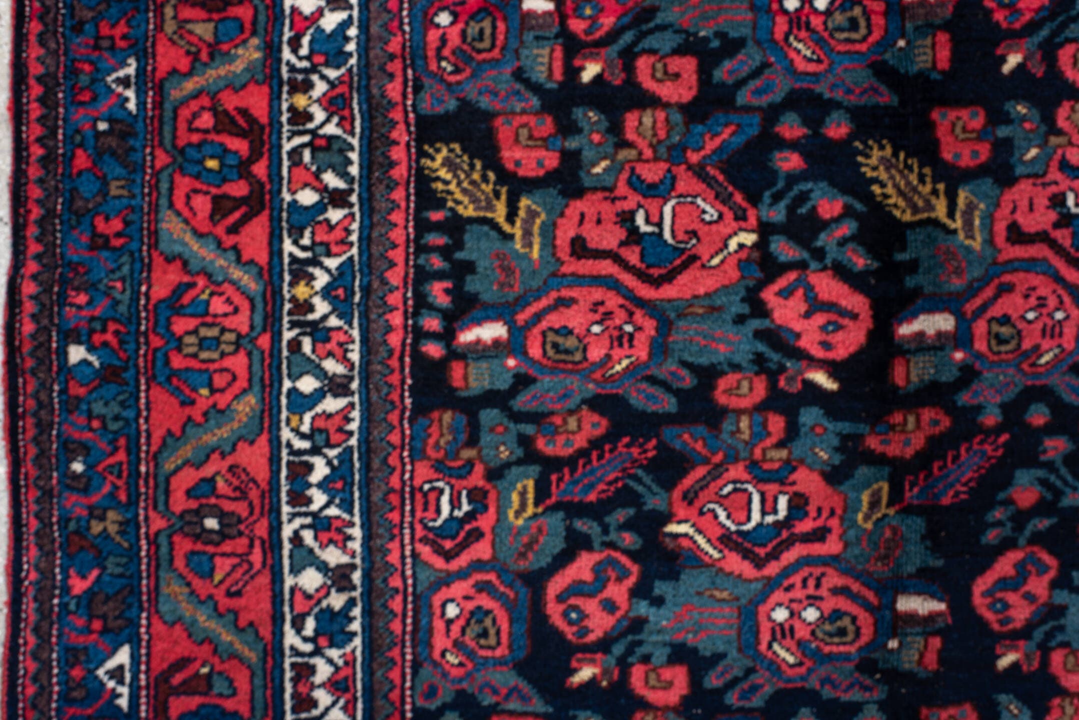 5' x 10' one-of-a-kind handmade antique Bidjar medium size rug. Color palette: navy, red, ivory, cobalt, rose, teal, gold