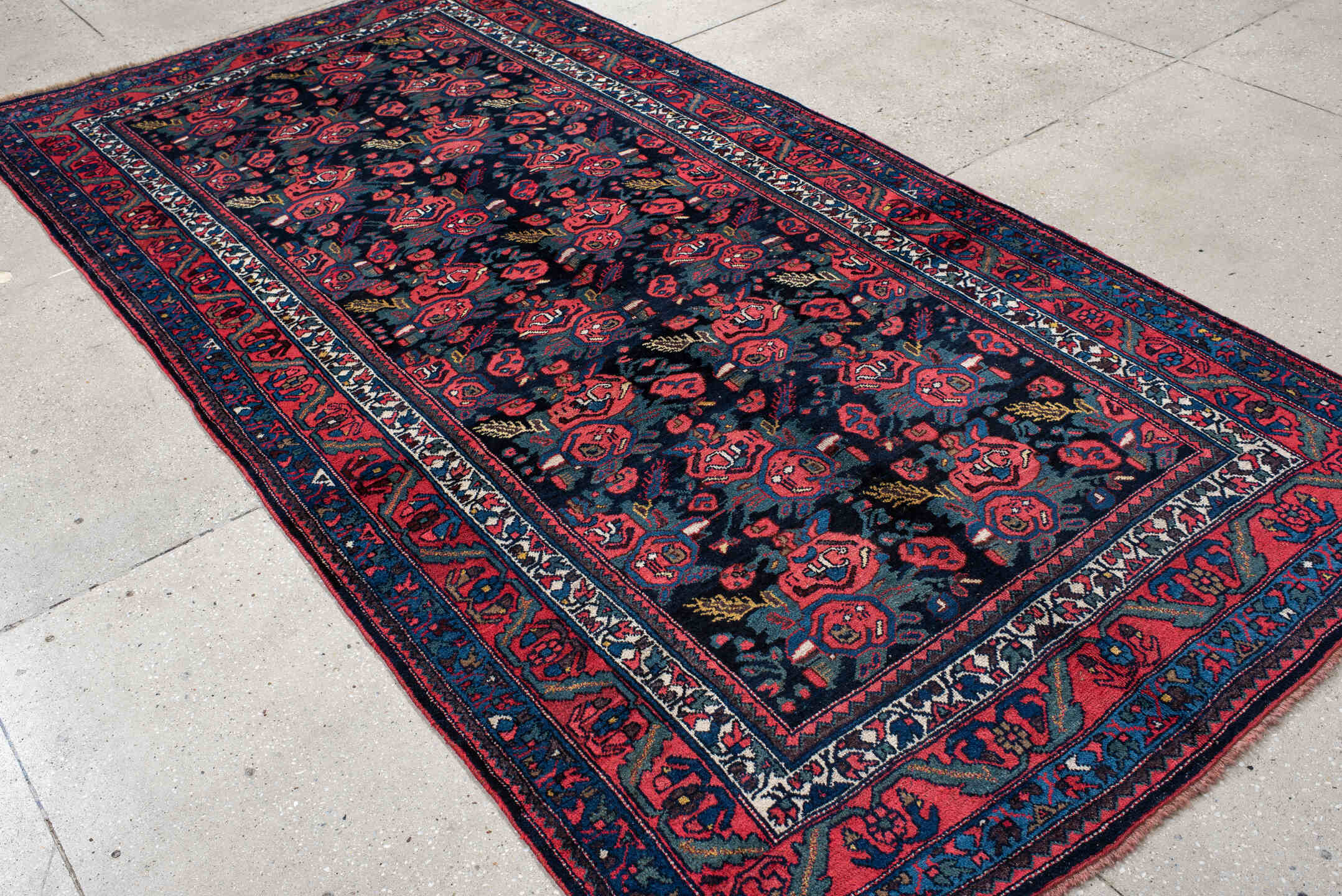 5' x 10' one-of-a-kind handmade vintage Bidjar medium size rug. Color palette: arapawa, blue, brown, dark slate gray