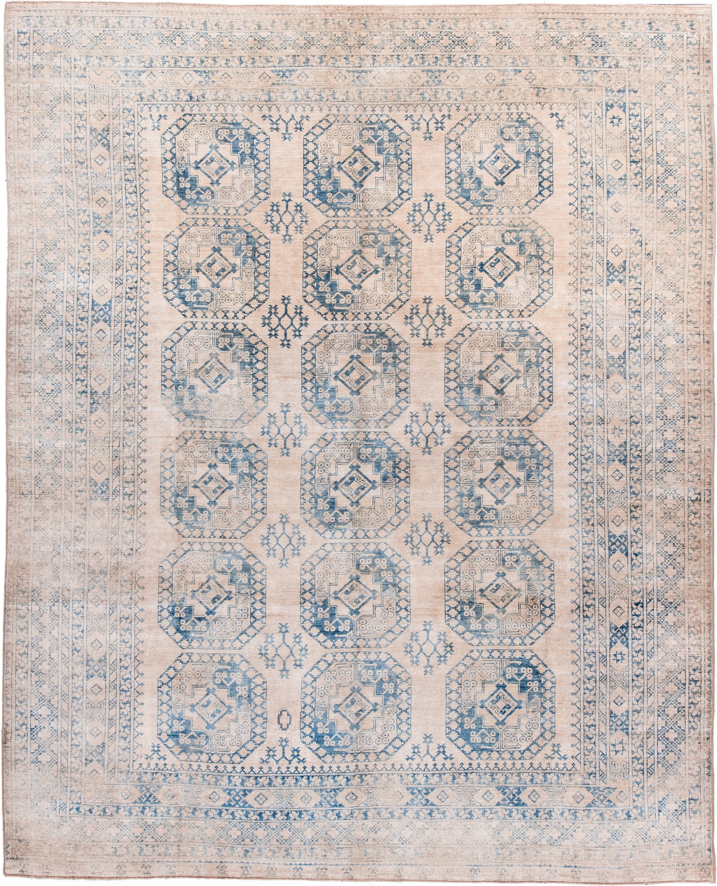 9' x 11' one-of-a-kind handmade antique Afghan large size rug. Color palette: ivory, sky blue, beige, powder blue, taupe