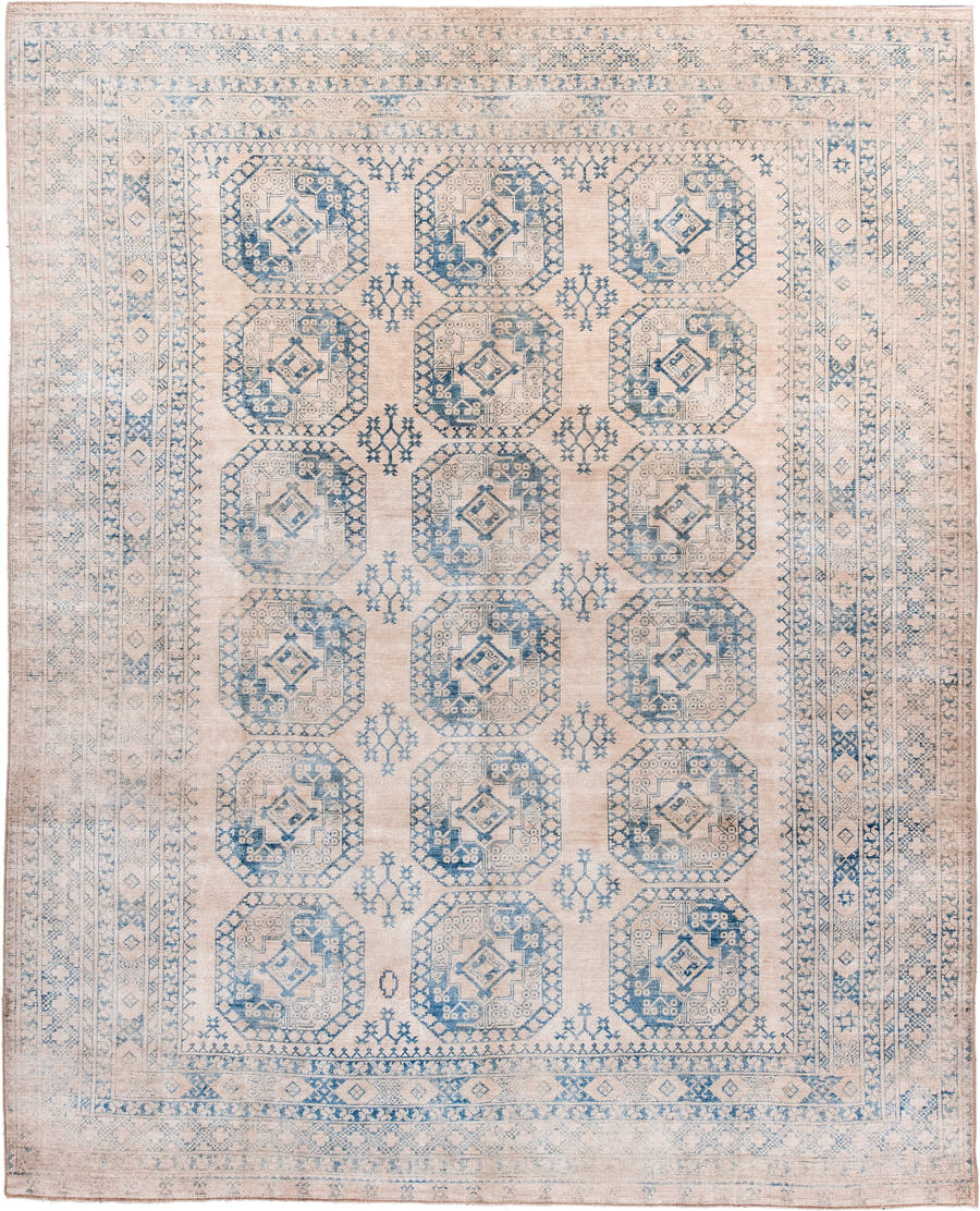 9' x 11' one-of-a-kind handmade antique Afghan large size rug. Color palette: ivory, sky blue, beige, powder blue, taupe