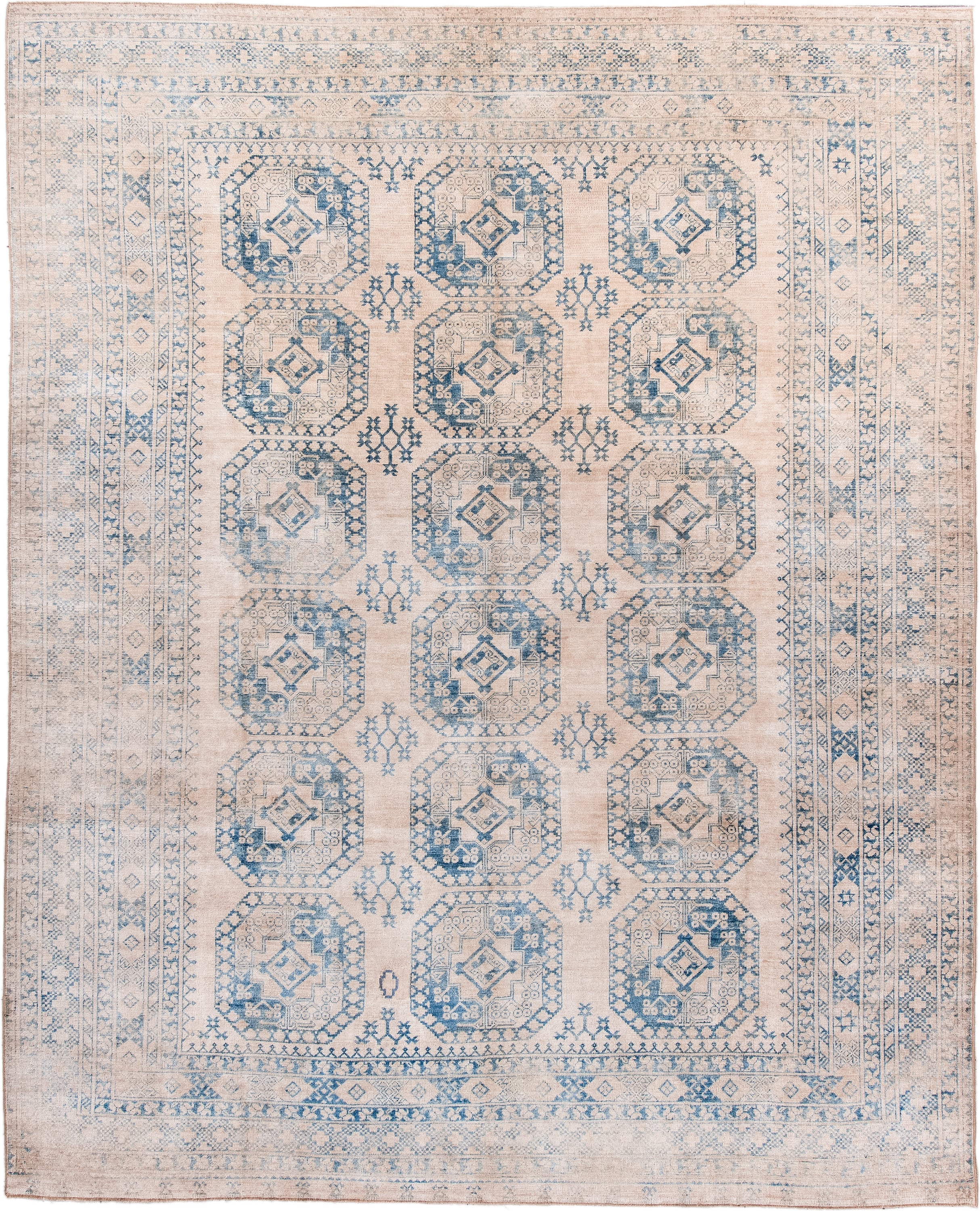 9' x 11' one-of-a-kind handmade antique Afghan large size rug. Color palette: ivory, sky blue, beige, powder blue, taupe