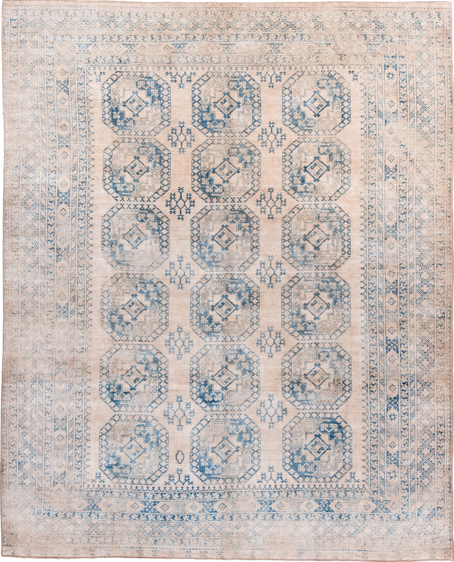 9' x 11' one-of-a-kind handmade vintage Afghan large size rug. Color palette: antiquewhite, black, blue, brown, dark gray