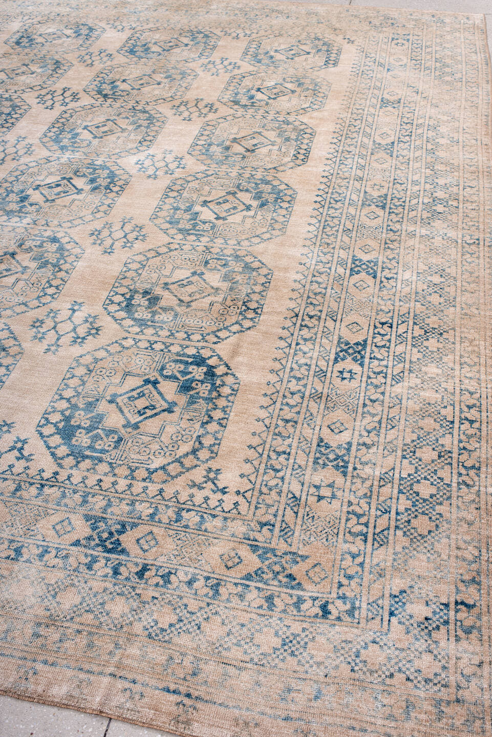 9' x 11' one-of-a-kind handmade antique Afghan large size rug. Color palette: ivory, sky blue, beige, powder blue, taupe