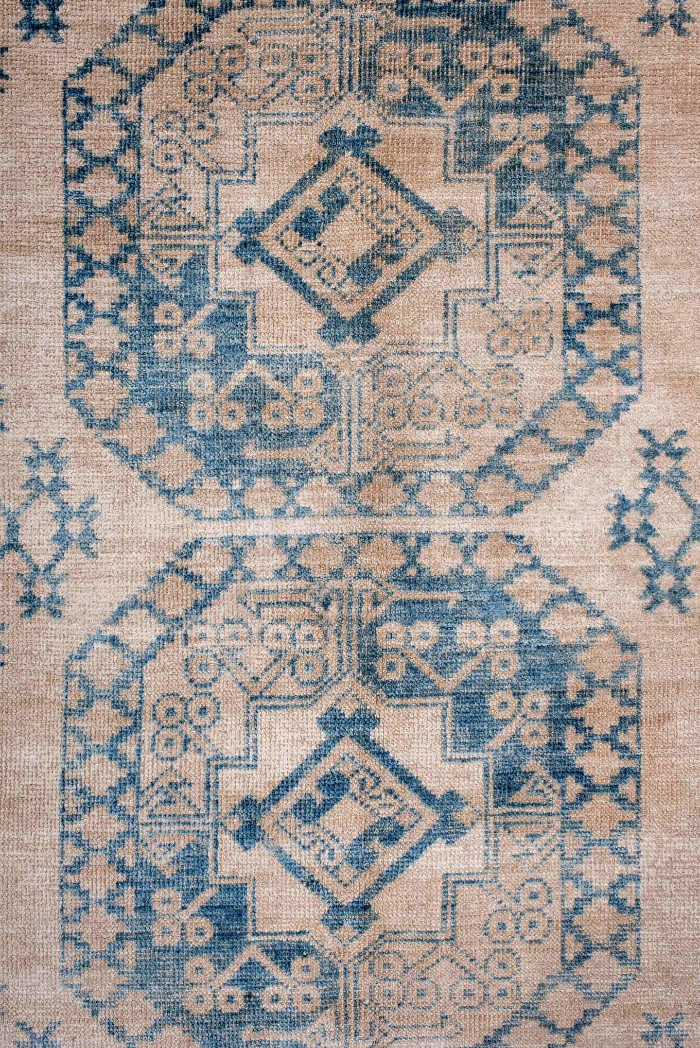 9' x 11' one-of-a-kind handmade antique Afghan large size rug. Color palette: ivory, sky blue, beige, powder blue, taupe