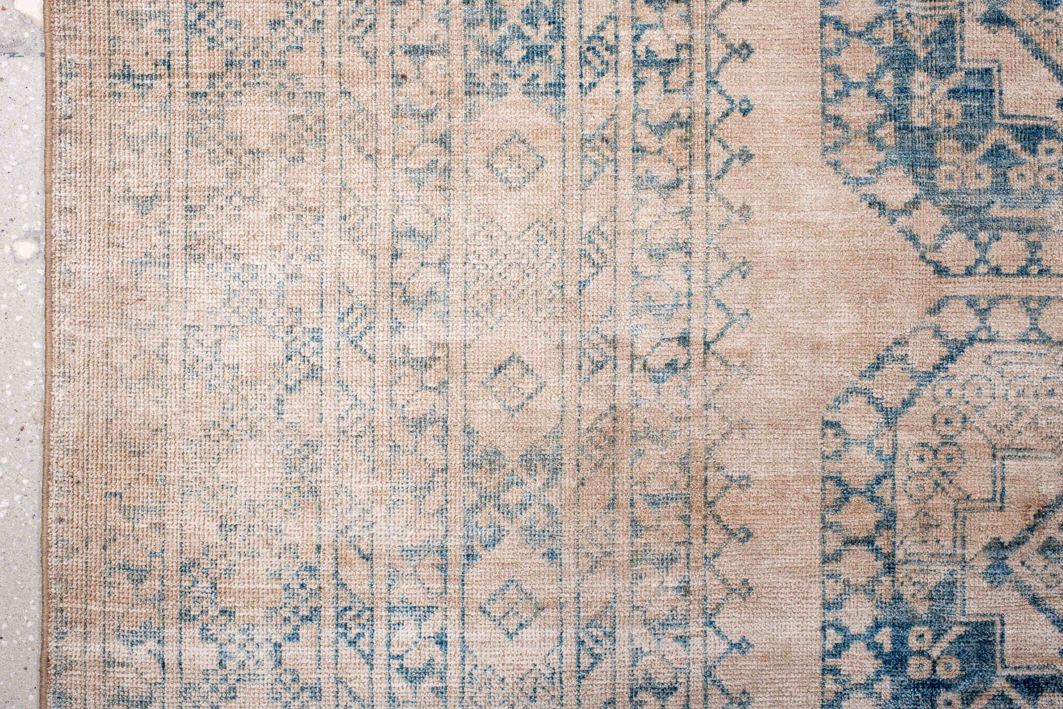 9' x 11' one-of-a-kind handmade antique Afghan large size rug. Color palette: ivory, sky blue, beige, powder blue, taupe