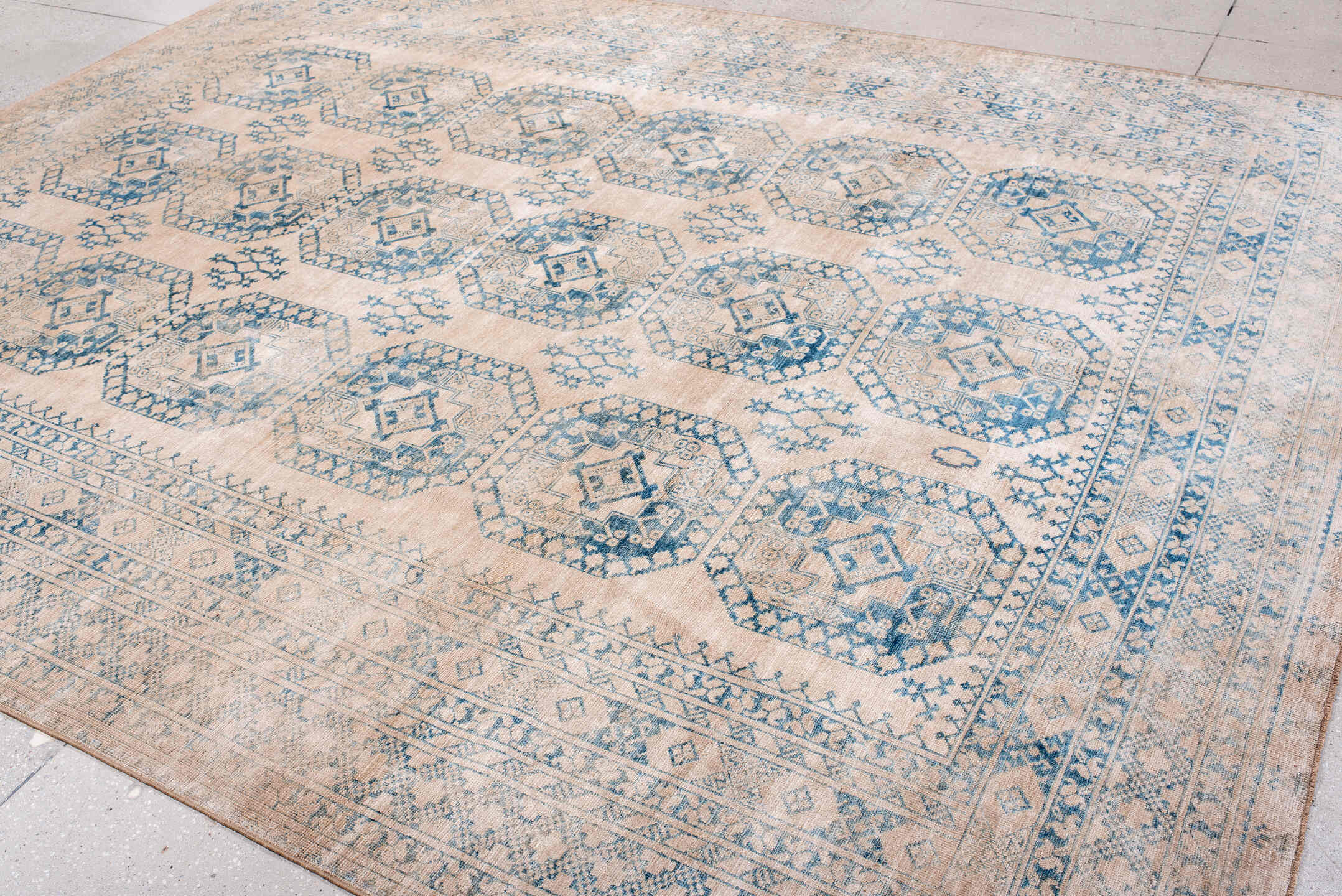 9' x 11' one-of-a-kind handmade antique Afghan large size rug. Color palette: ivory, sky blue, beige, powder blue, taupe
