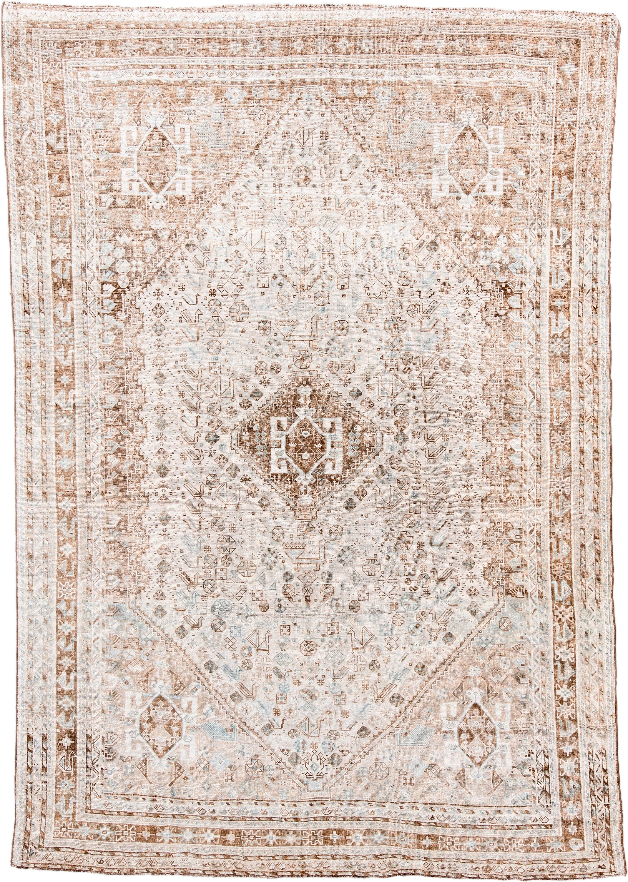 6' x 10' one-of-a-kind handmade antique Shiraz large size rug. Color palette: ivory, camel, taupe, pale blue, cream, sand