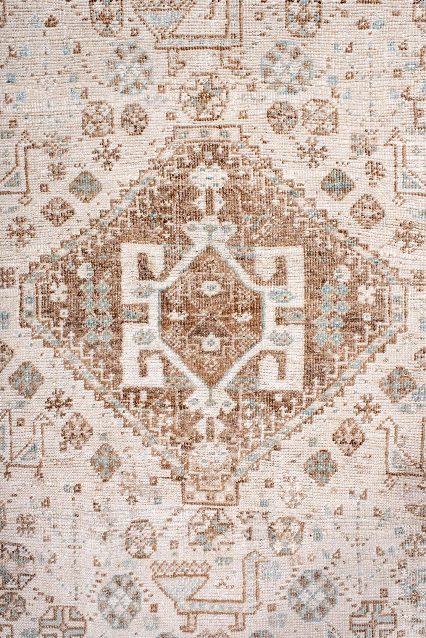 6' x 10' one-of-a-kind handmade antique Shiraz large size rug. Color palette: ivory, camel, taupe, pale blue, cream, sand