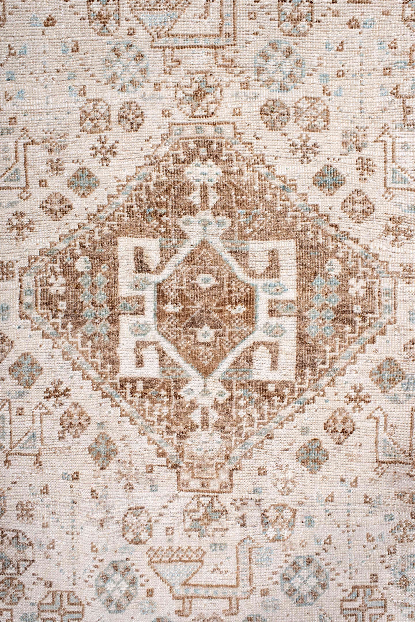 6' x 10' one-of-a-kind handmade antique Shiraz large size rug. Color palette: ivory, camel, taupe, pale blue, cream, sand