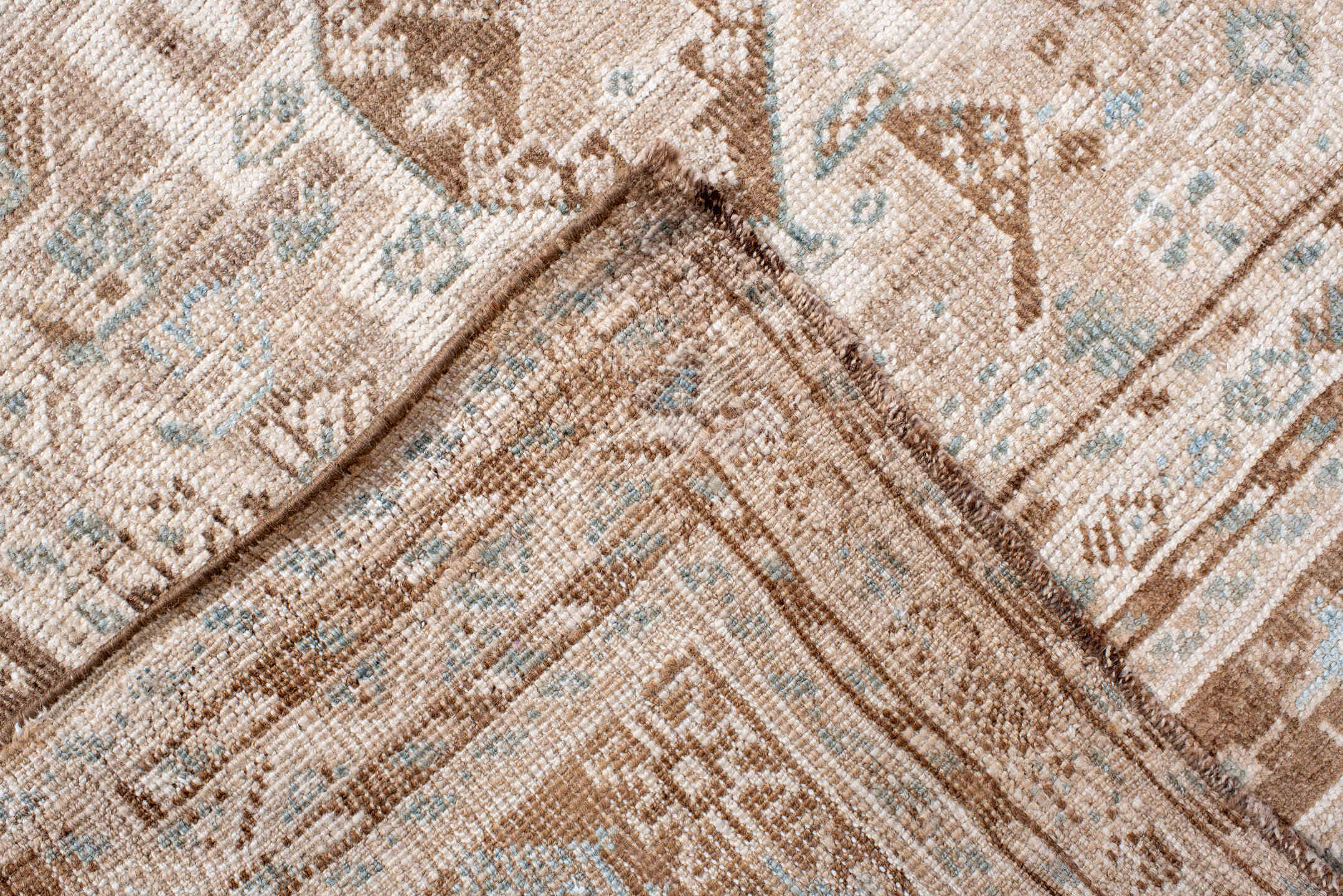 6' x 10' one-of-a-kind handmade antique Shiraz large size rug. Color palette: ivory, camel, taupe, pale blue, cream, sand