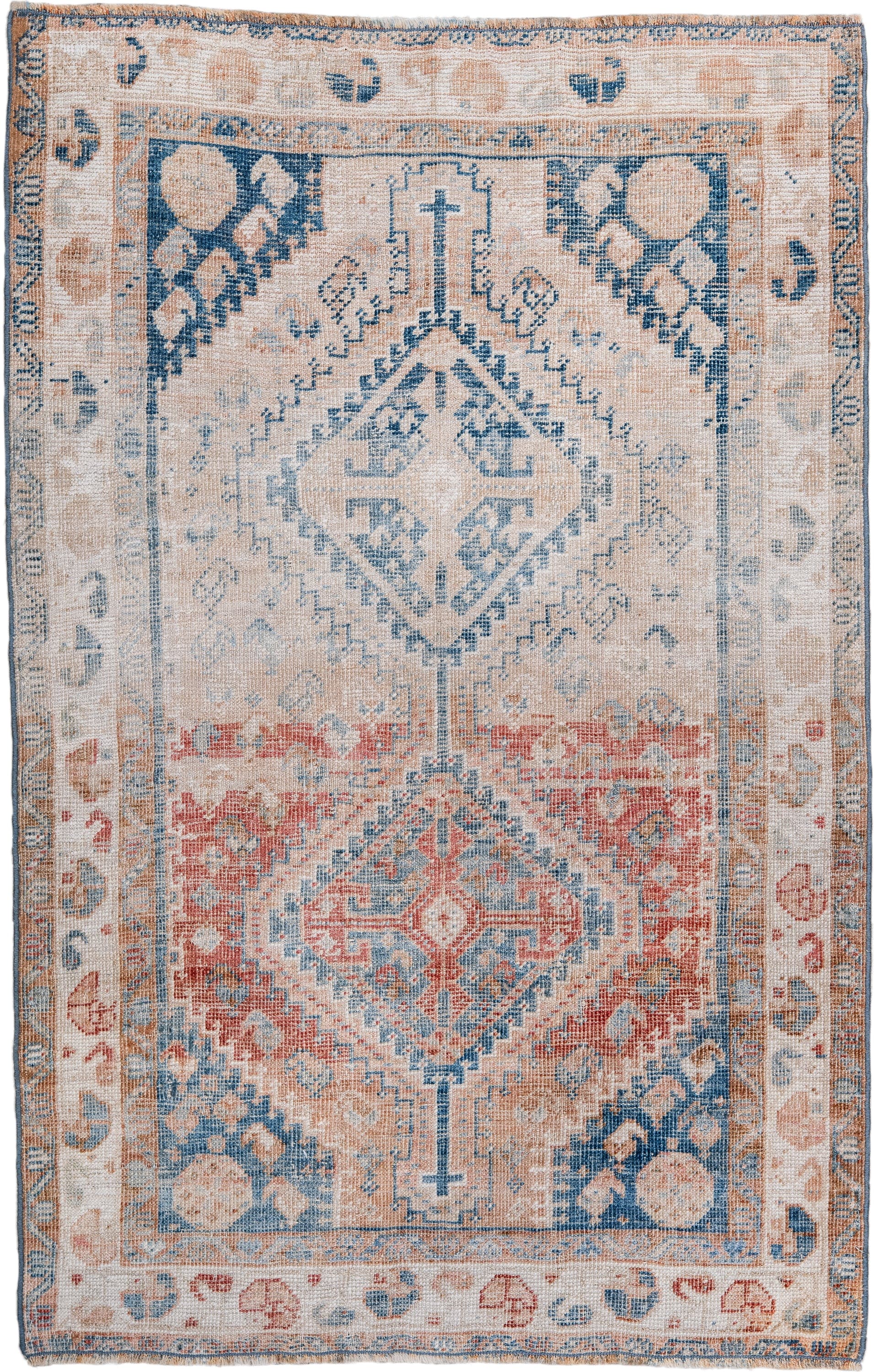 2' x 4' one-of-a-kind handmade antique Shiraz small size rug. Color palette: ivory, sky blue, coral, peach, faded red, beige