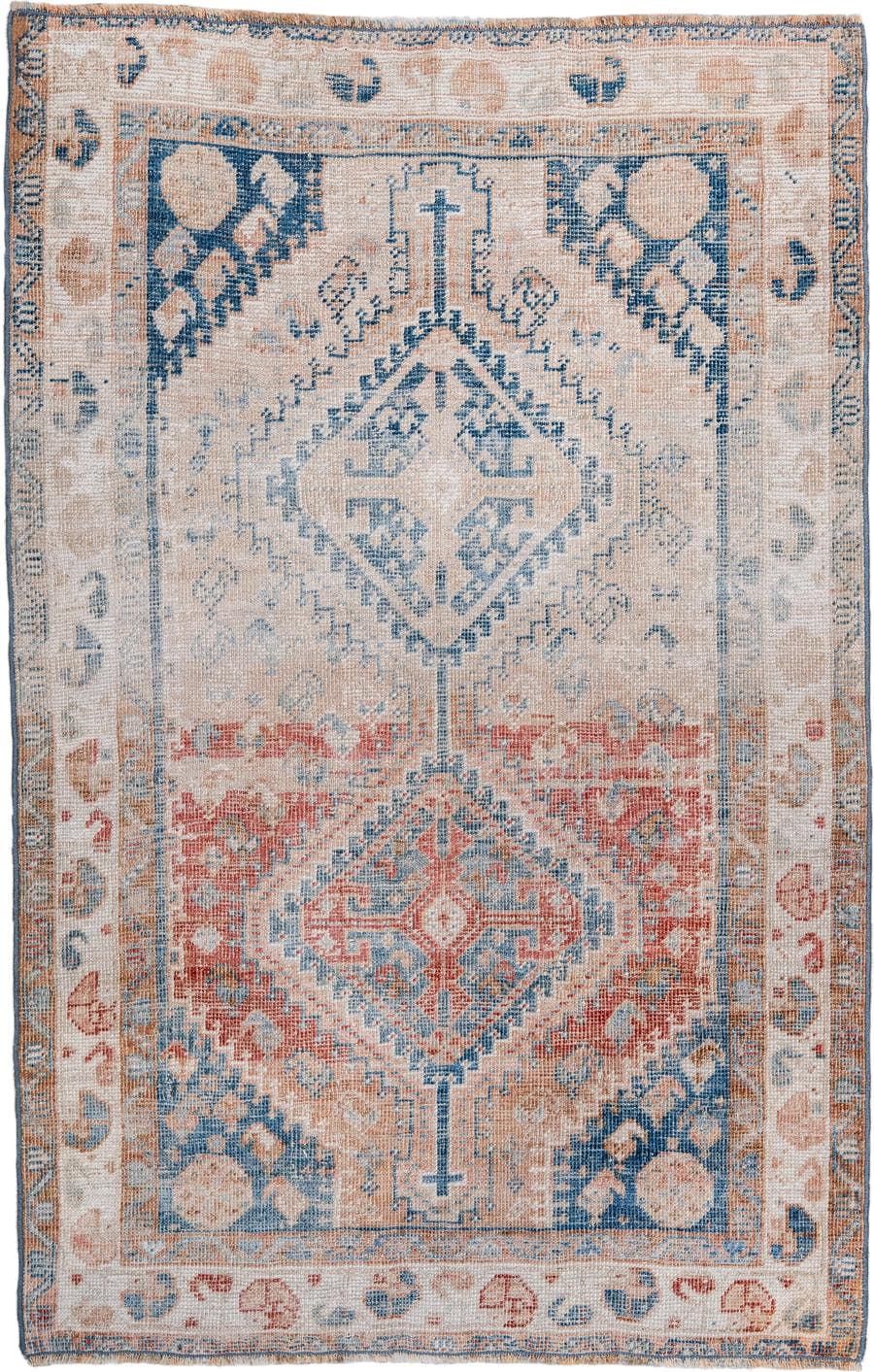 2' x 4' one-of-a-kind handmade antique Shiraz small size rug. Color palette: ivory, sky blue, coral, peach, faded red, beige