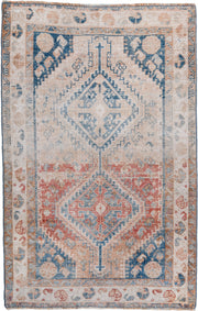2' x 4' one-of-a-kind handmade antique Shiraz small size rug. Color palette: ivory, sky blue, coral, peach, faded red, beige