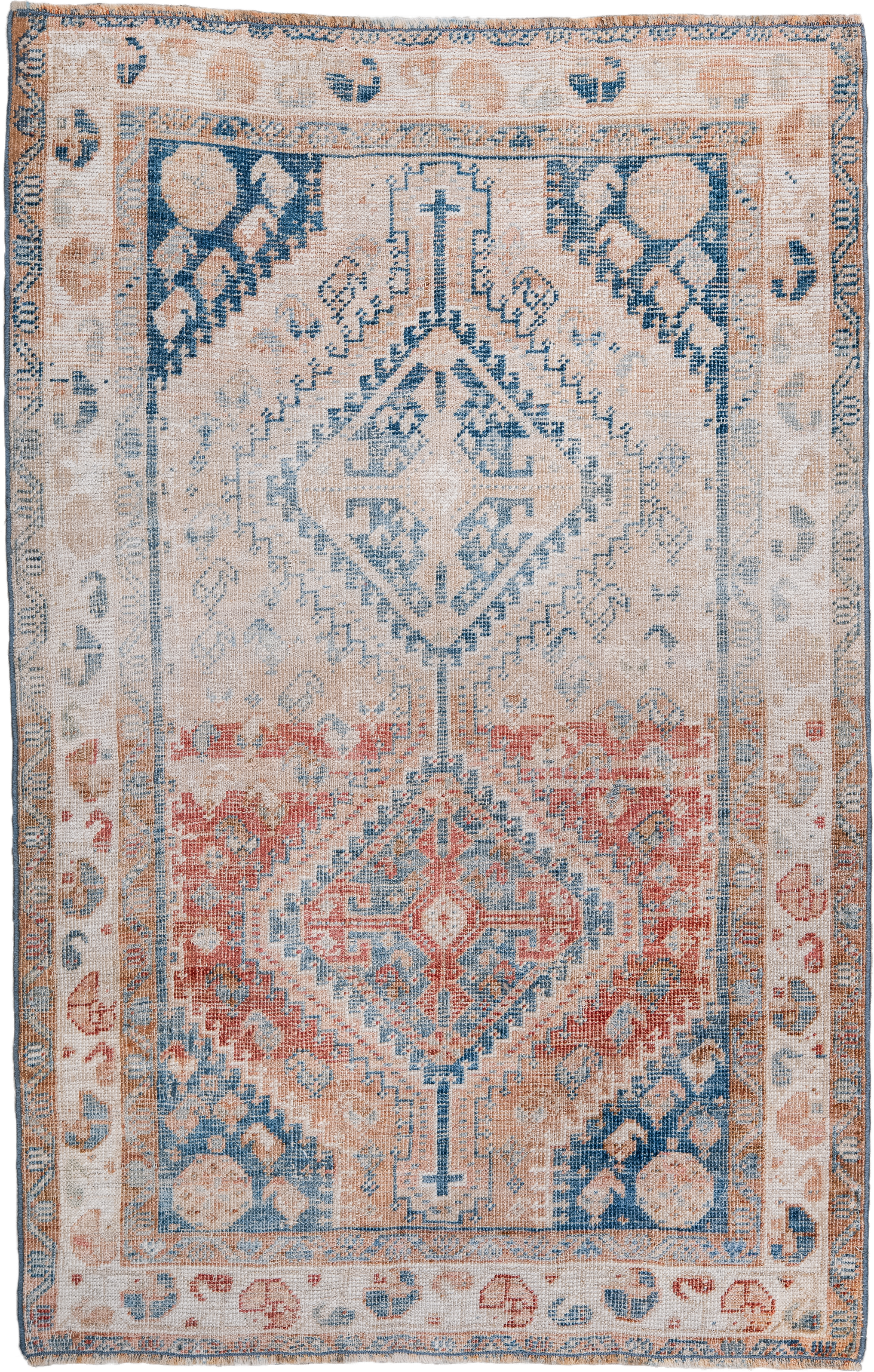 2' x 4' one-of-a-kind handmade antique Shiraz small size rug. Color palette: ivory, sky blue, coral, peach, faded red, beige