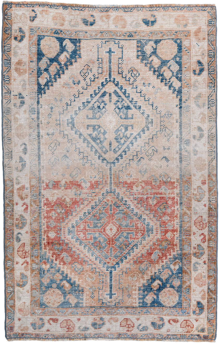 2' x 4' one-of-a-kind handmade antique Shiraz small size rug. Color palette: ivory, sky blue, coral, peach, faded red, beige