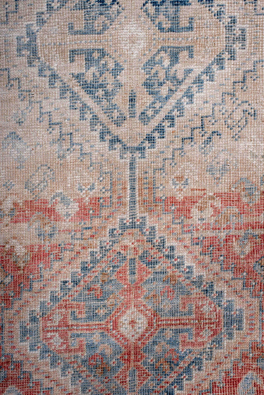 2' x 4' one-of-a-kind handmade antique Shiraz small size rug. Color palette: ivory, sky blue, coral, peach, faded red, beige