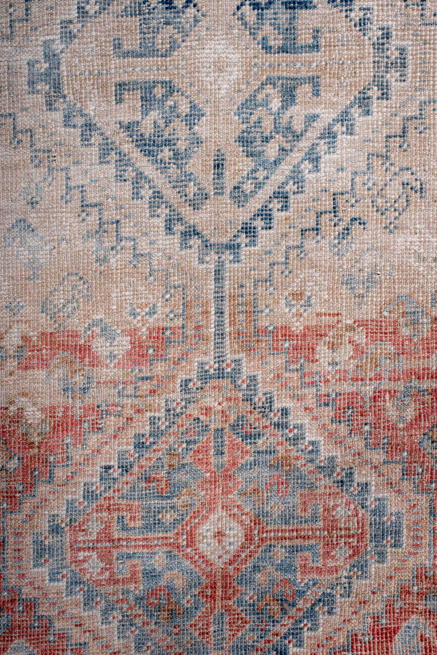 2' x 4' one-of-a-kind handmade antique Shiraz small size rug. Color palette: ivory, sky blue, coral, peach, faded red, beige