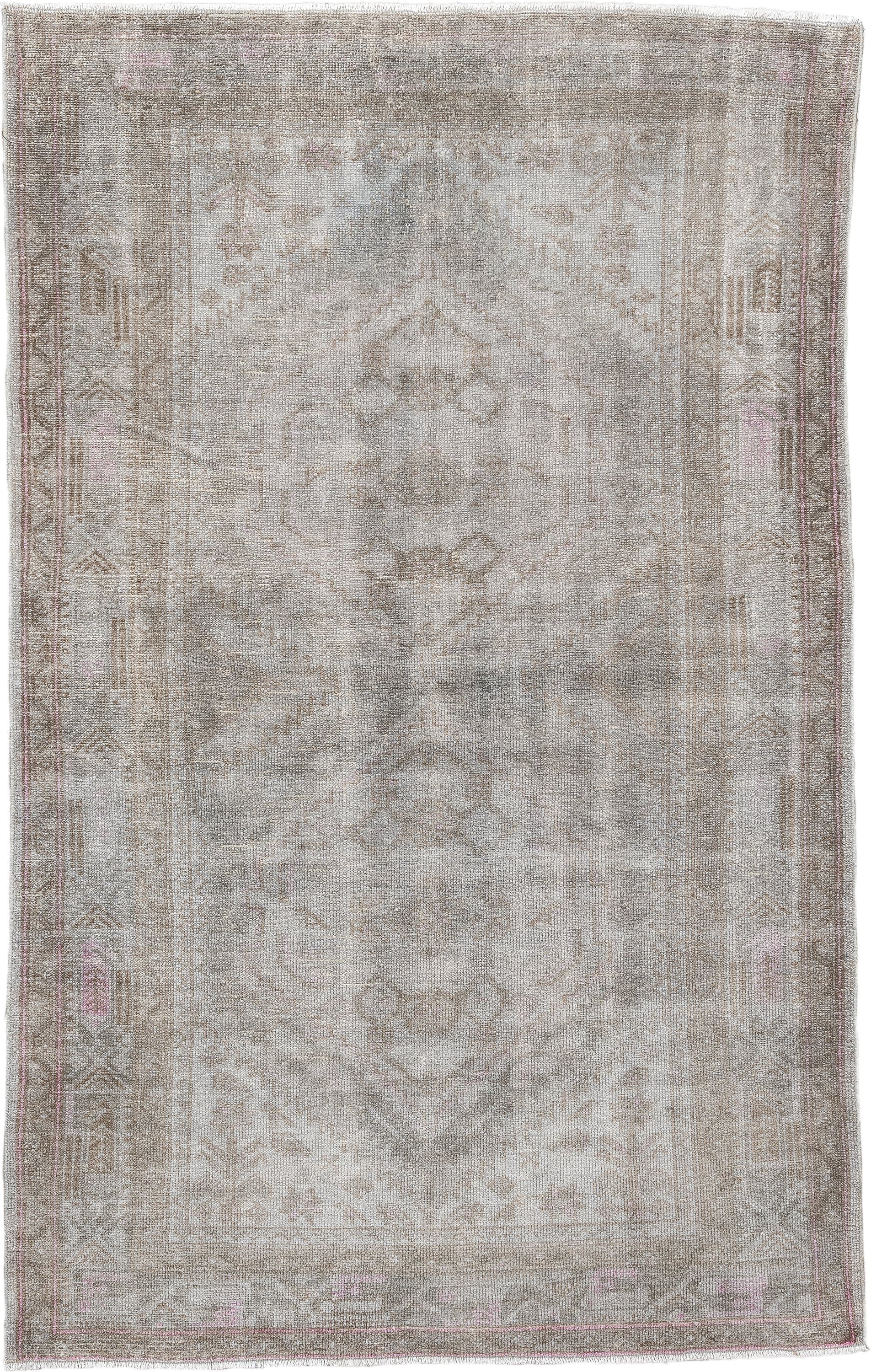 4' x 6' one-of-a-kind handmade antique rug. Color palette: ivory, taupe, blush, sand, pale gray, beige, gray, pink