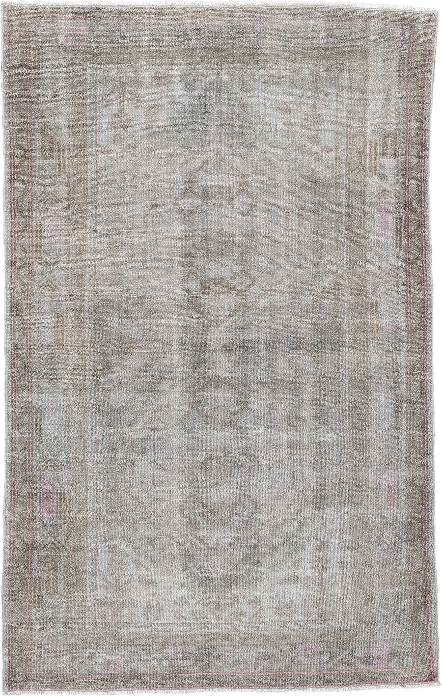 4' x 6' one-of-a-kind handmade antique rug. Color palette: ivory, taupe, blush, sand, pale gray, beige, gray, pink