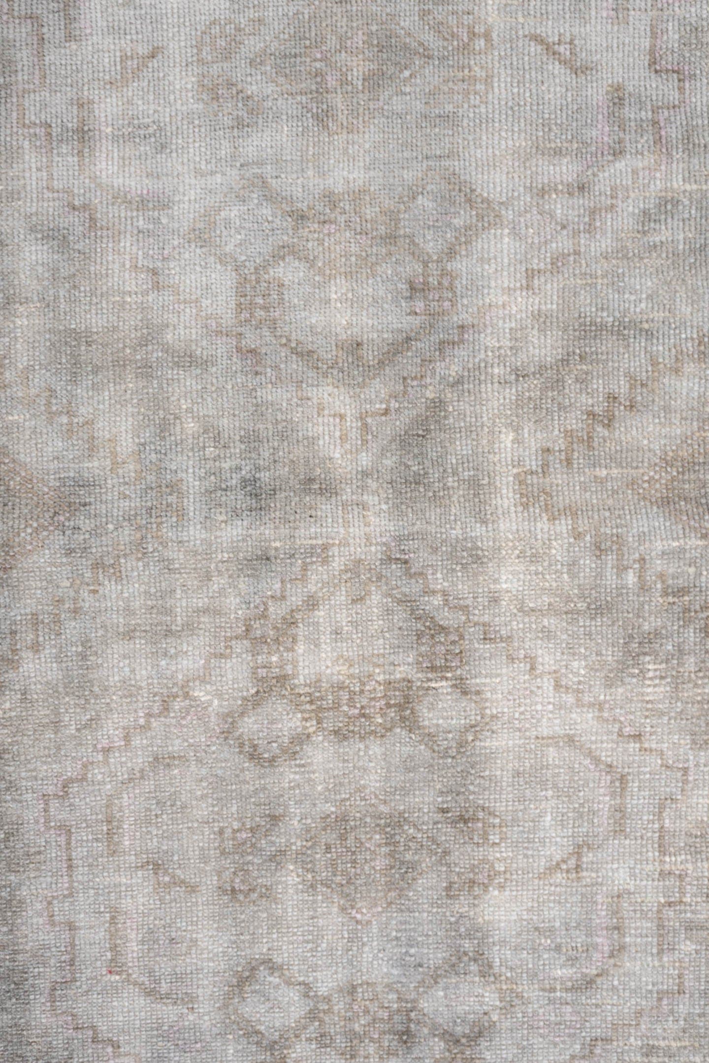 4' x 6' one-of-a-kind handmade antique rug. Color palette: ivory, taupe, blush, sand, pale gray, beige, gray, pink
