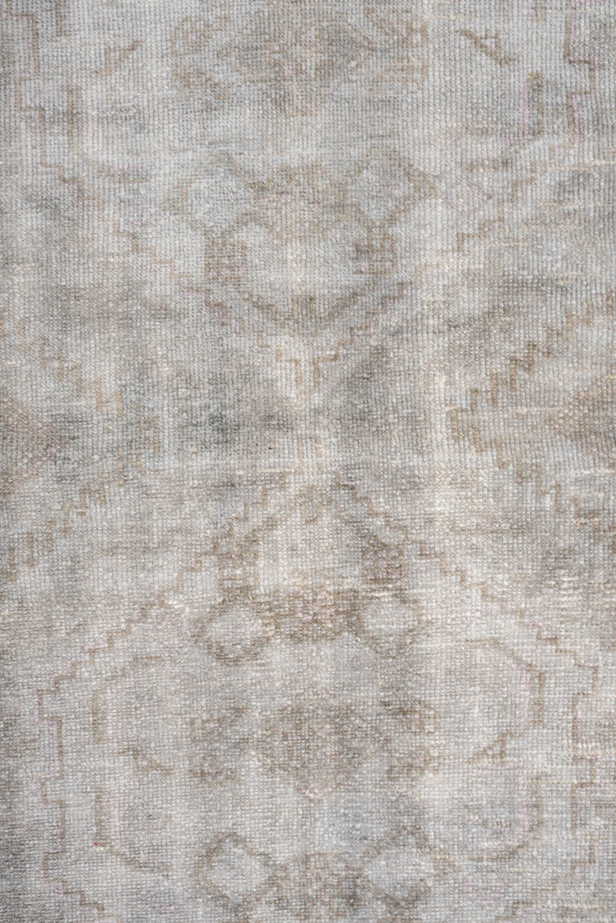 4' x 6' one-of-a-kind handmade antique rug. Color palette: ivory, taupe, blush, sand, pale gray, beige, gray, pink