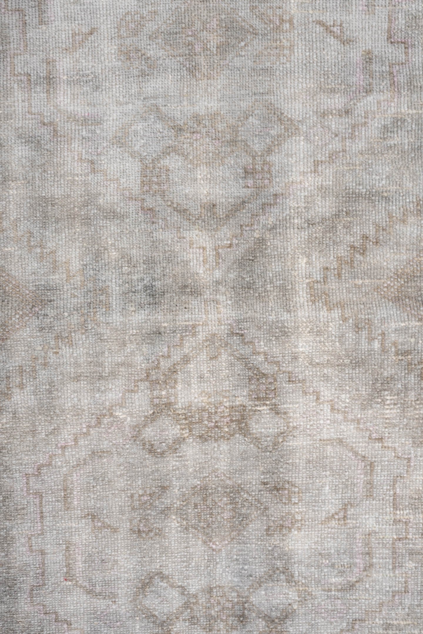 4' x 6' one-of-a-kind handmade antique rug. Color palette: ivory, taupe, blush, sand, pale gray, beige, gray, pink