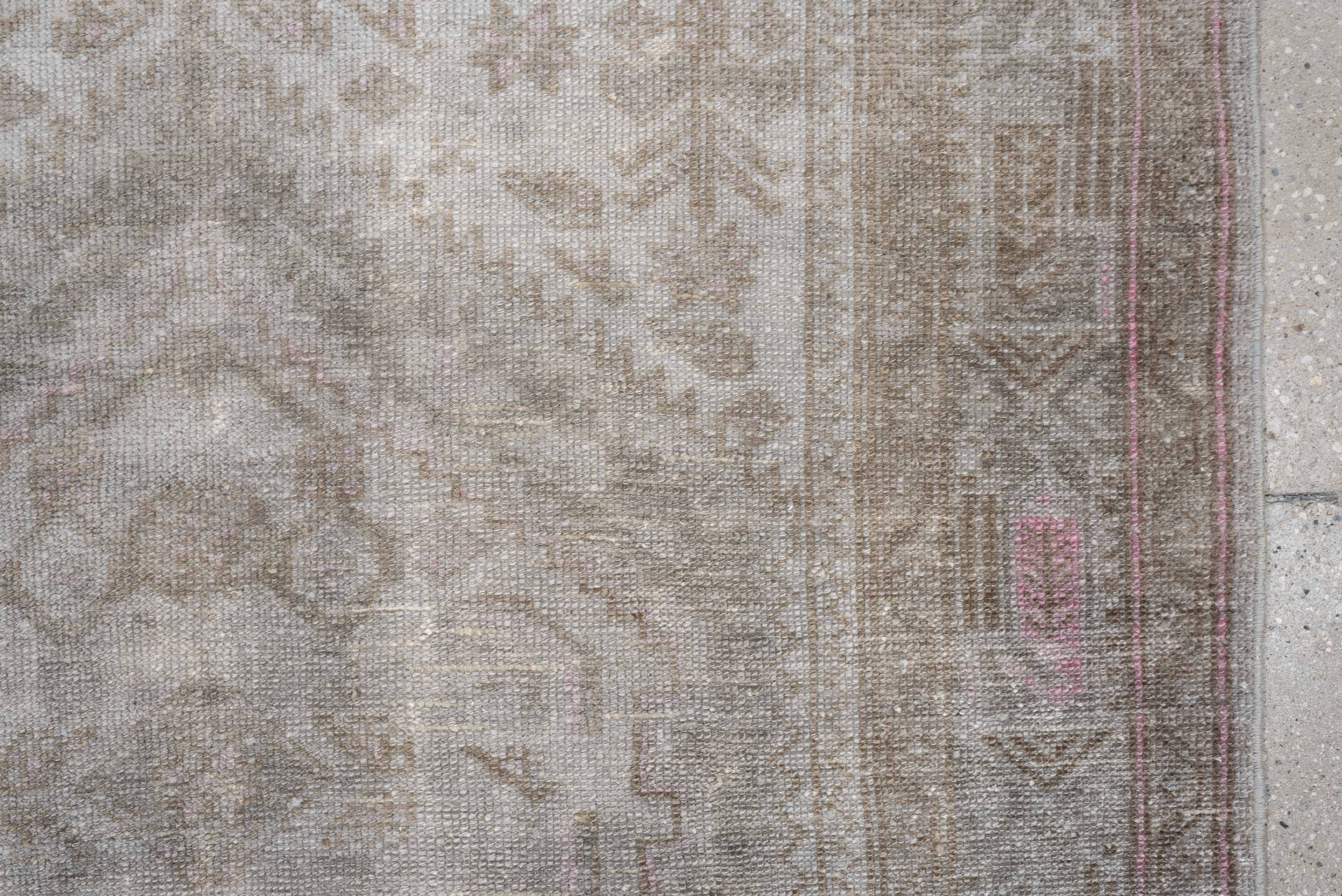 4' x 6' one-of-a-kind handmade antique rug. Color palette: ivory, taupe, blush, sand, pale gray, beige, gray, pink