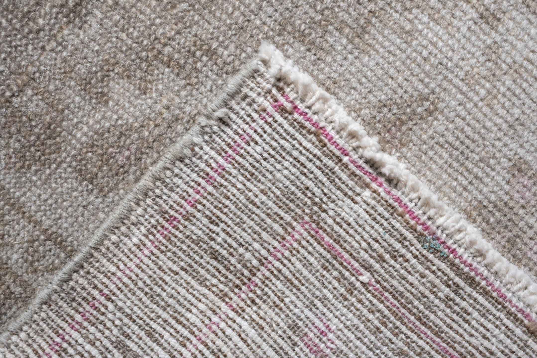 4' x 6' one-of-a-kind handmade antique rug. Color palette: ivory, taupe, blush, sand, pale gray, beige, gray, pink