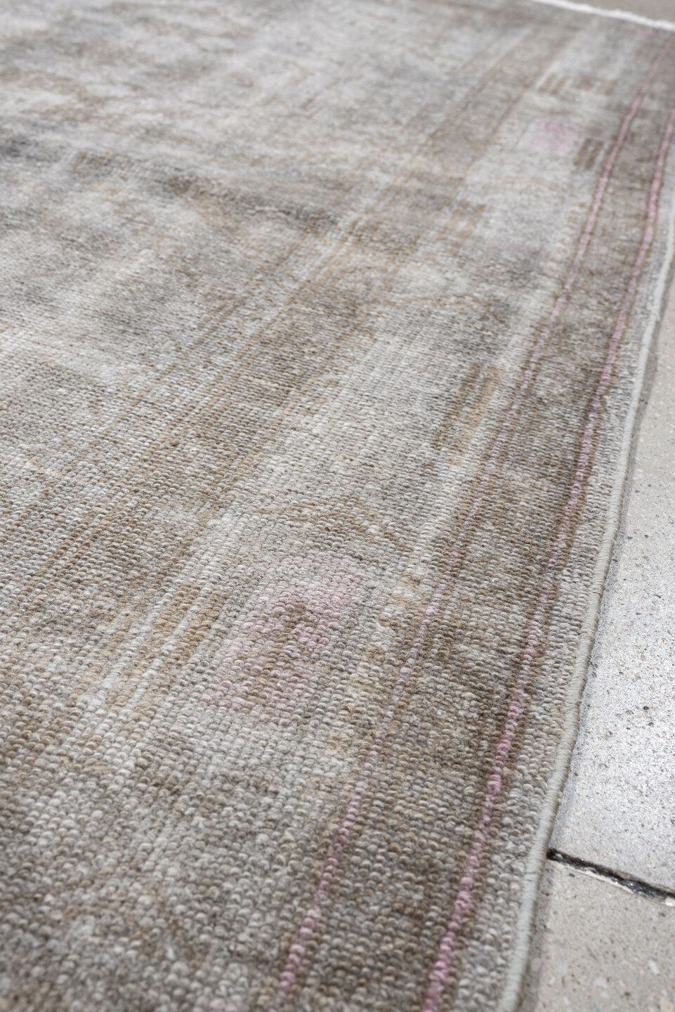 4' x 6' one-of-a-kind handmade antique rug. Color palette: ivory, taupe, blush, sand, pale gray, beige, gray, pink