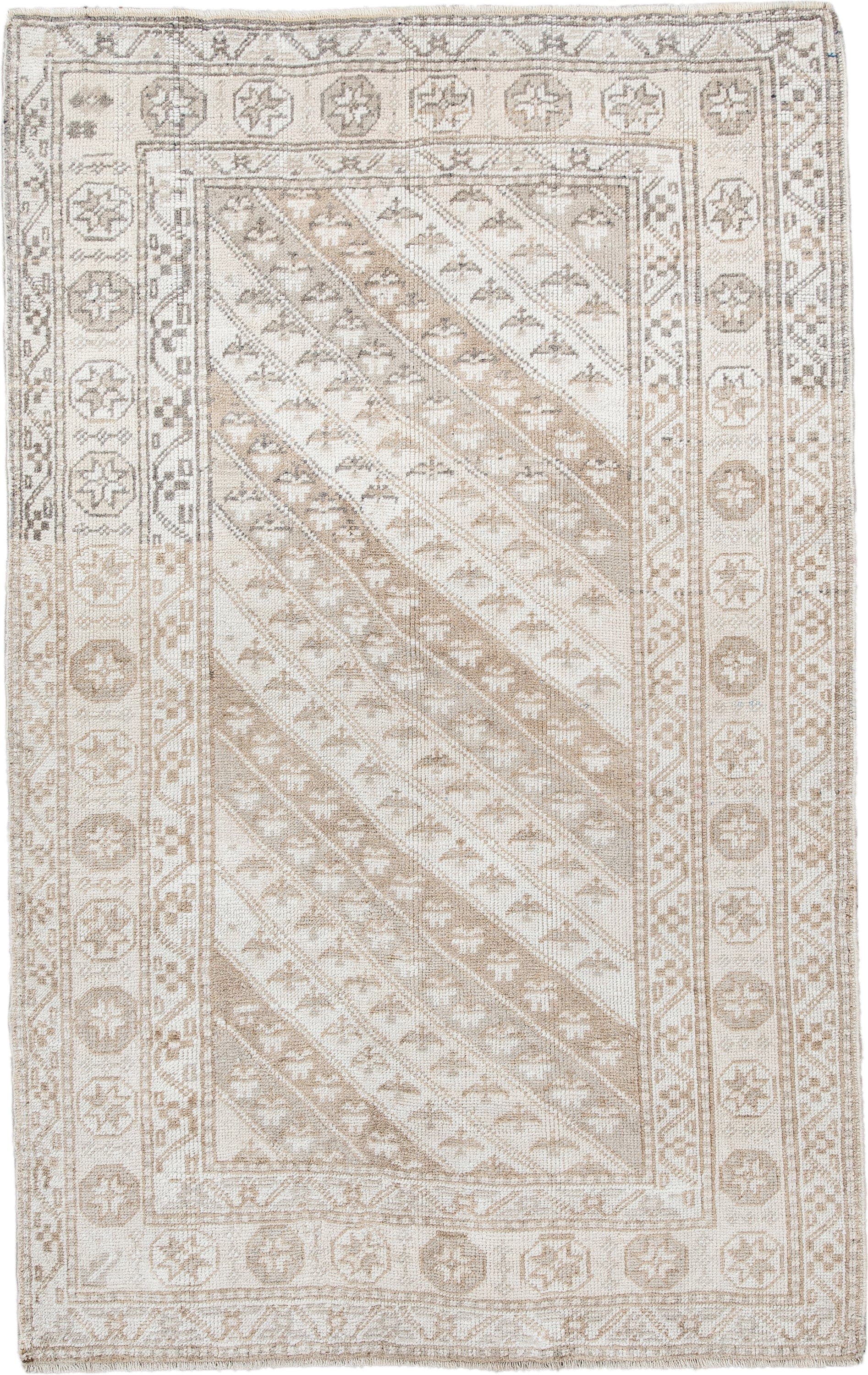 3' x 6' one-of-a-kind handmade antique Anatolian small size rug. Color palette: ivory, beige, taupe, sand, camel
