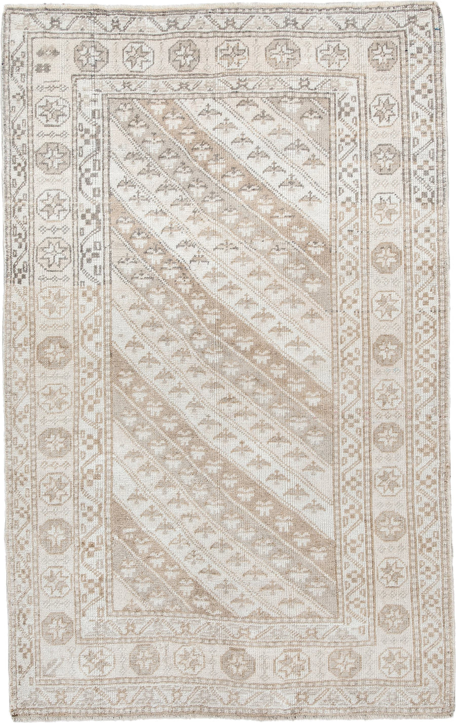 3' x 6' one-of-a-kind handmade antique Anatolian small size rug. Color palette: ivory, beige, taupe, sand, camel