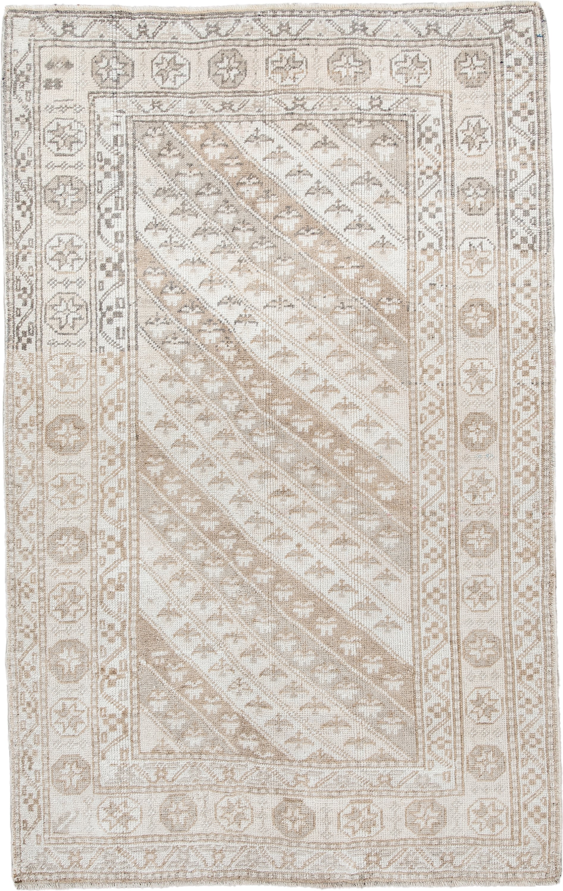 3' x 6' one-of-a-kind handmade antique Anatolian small size rug. Color palette: ivory, beige, taupe, sand, camel