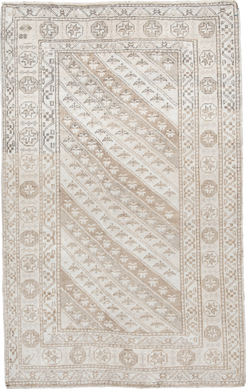 3' x 6' one-of-a-kind handmade antique Anatolian small size rug. Color palette: ivory, beige, taupe, sand, camel