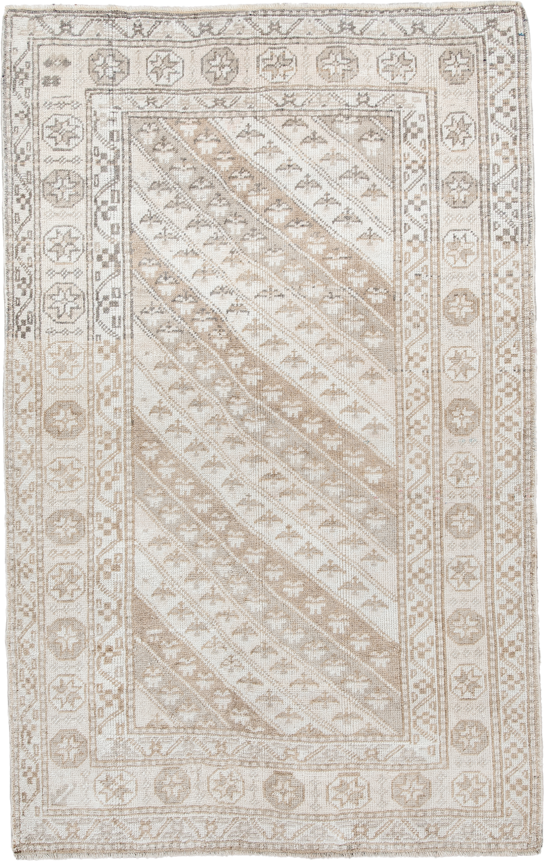 3' x 6' one-of-a-kind handmade antique Anatolian small size rug. Color palette: ivory, beige, taupe, sand, camel