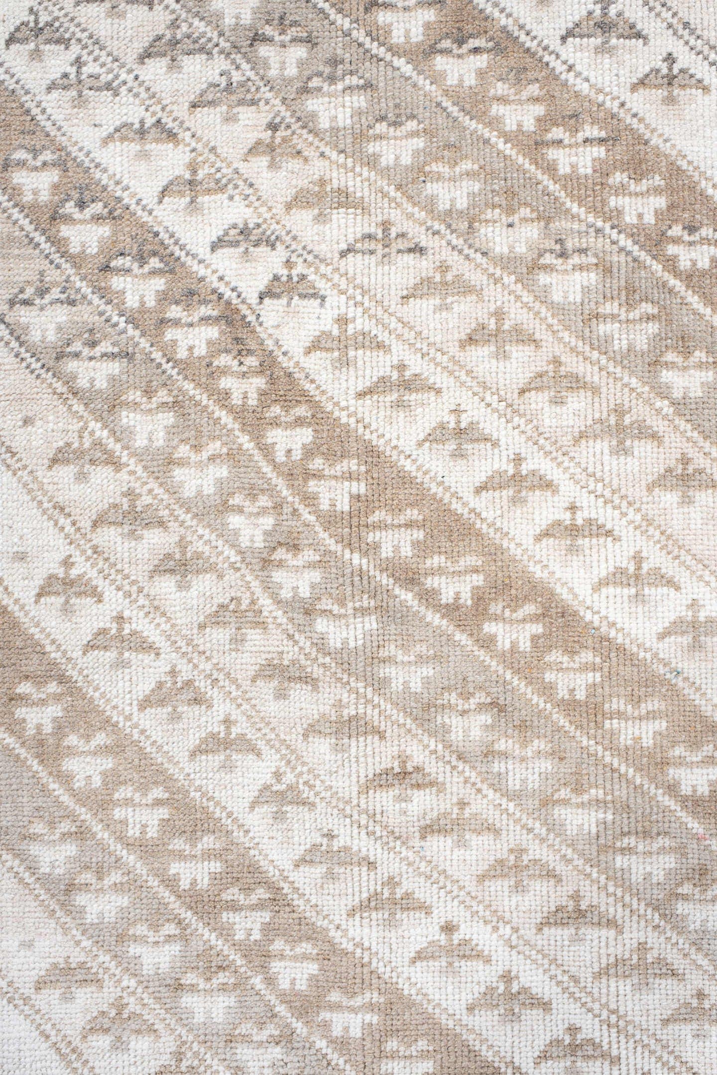 3' x 6' one-of-a-kind handmade antique Anatolian small size rug. Color palette: ivory, beige, taupe, sand, camel