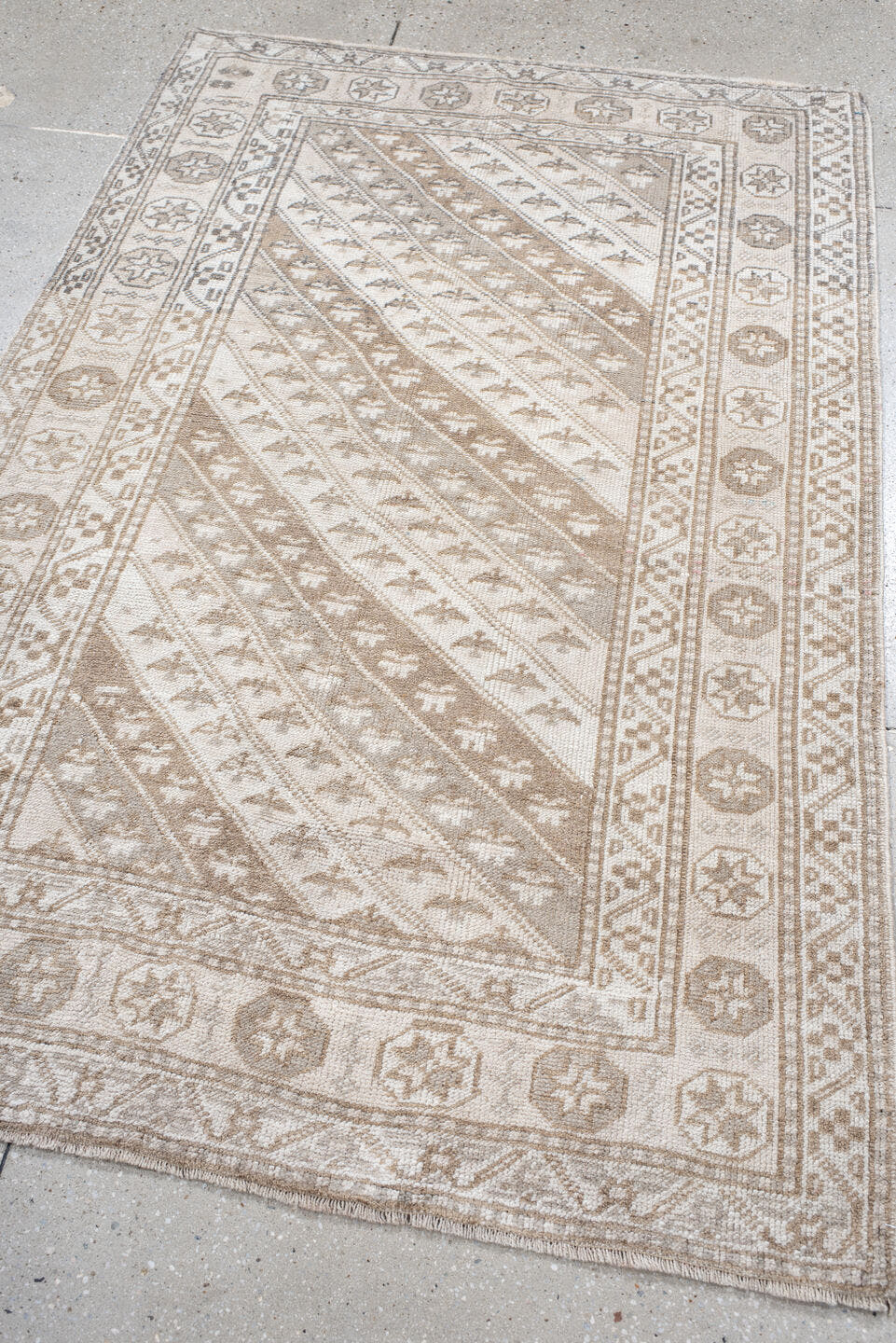 3' x 6' one-of-a-kind handmade antique Anatolian small size rug. Color palette: ivory, beige, taupe, sand, camel