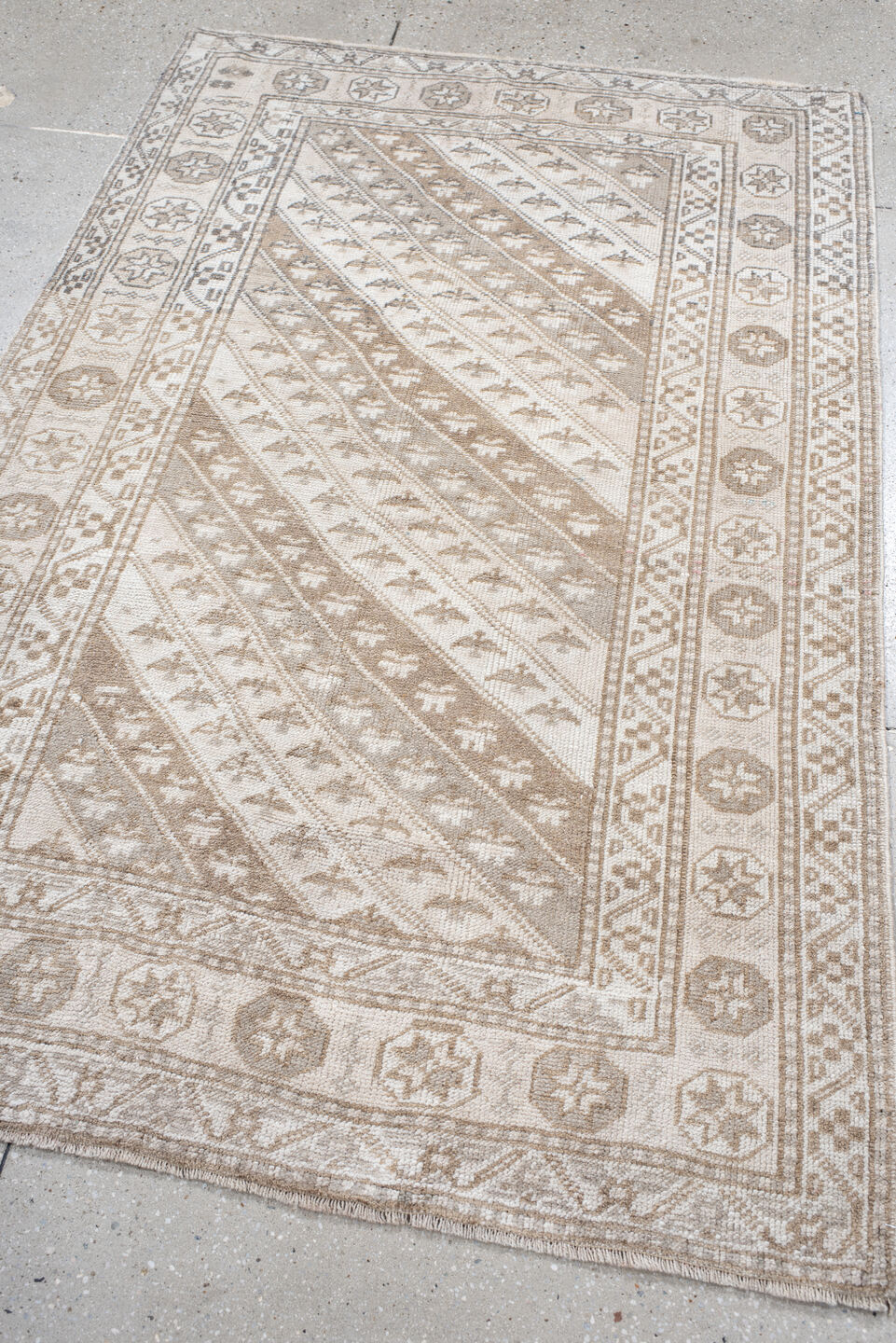 3' x 6' one-of-a-kind handmade antique Anatolian small size rug. Color palette: ivory, beige, taupe, sand, camel