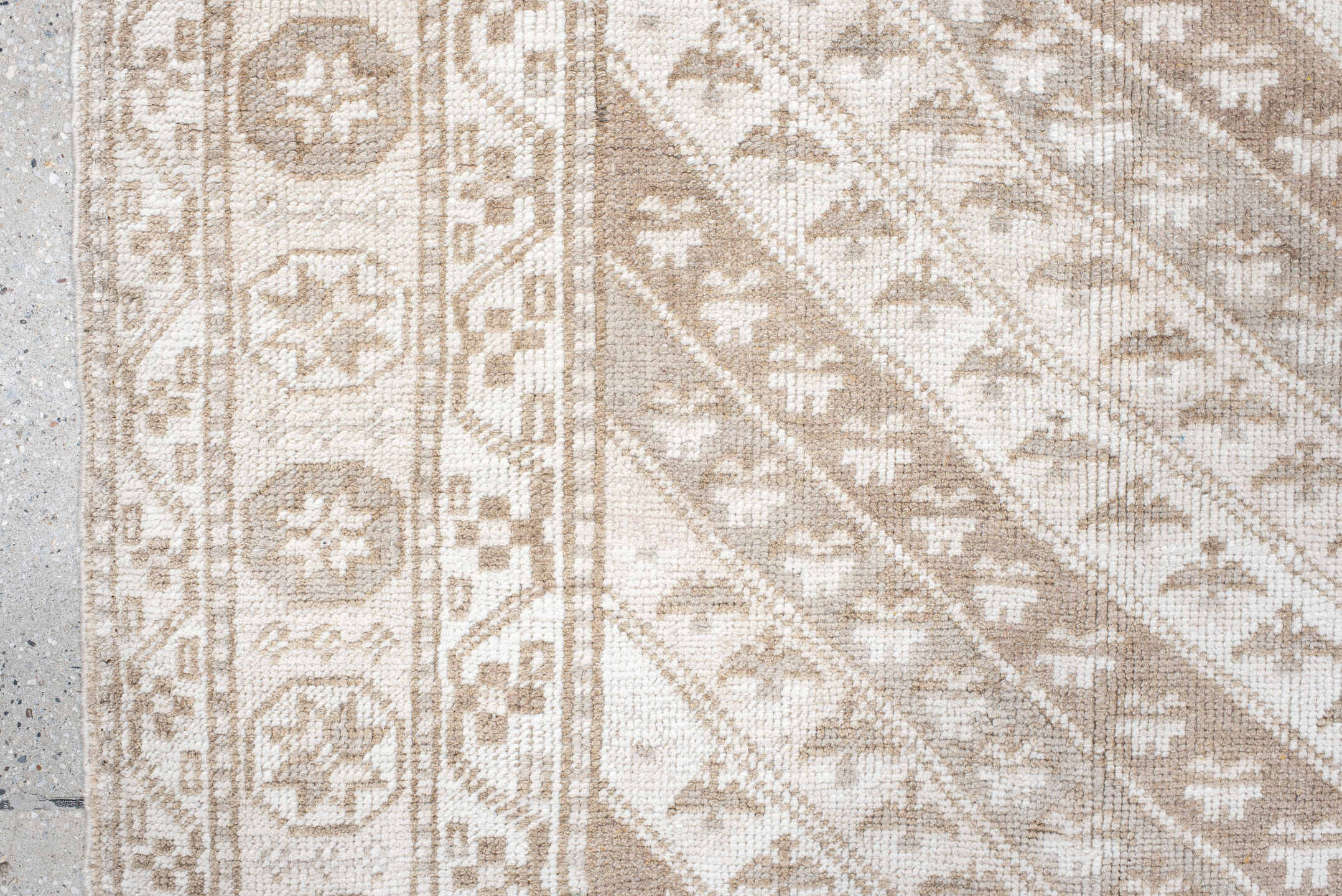 3' x 6' one-of-a-kind handmade antique Anatolian small size rug. Color palette: ivory, beige, taupe, sand, camel