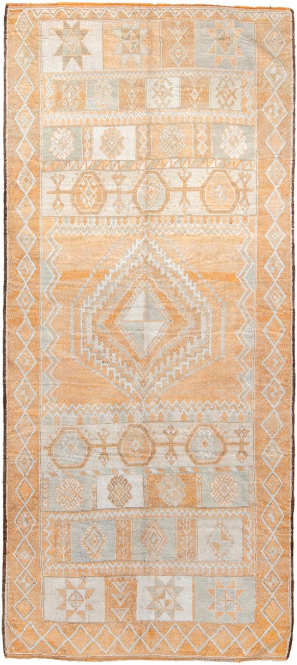5' x 11' one-of-a-kind handmade antique Moroccan rug. Color palette: apricot, ivory, pale blue, sand, cream, terracotta