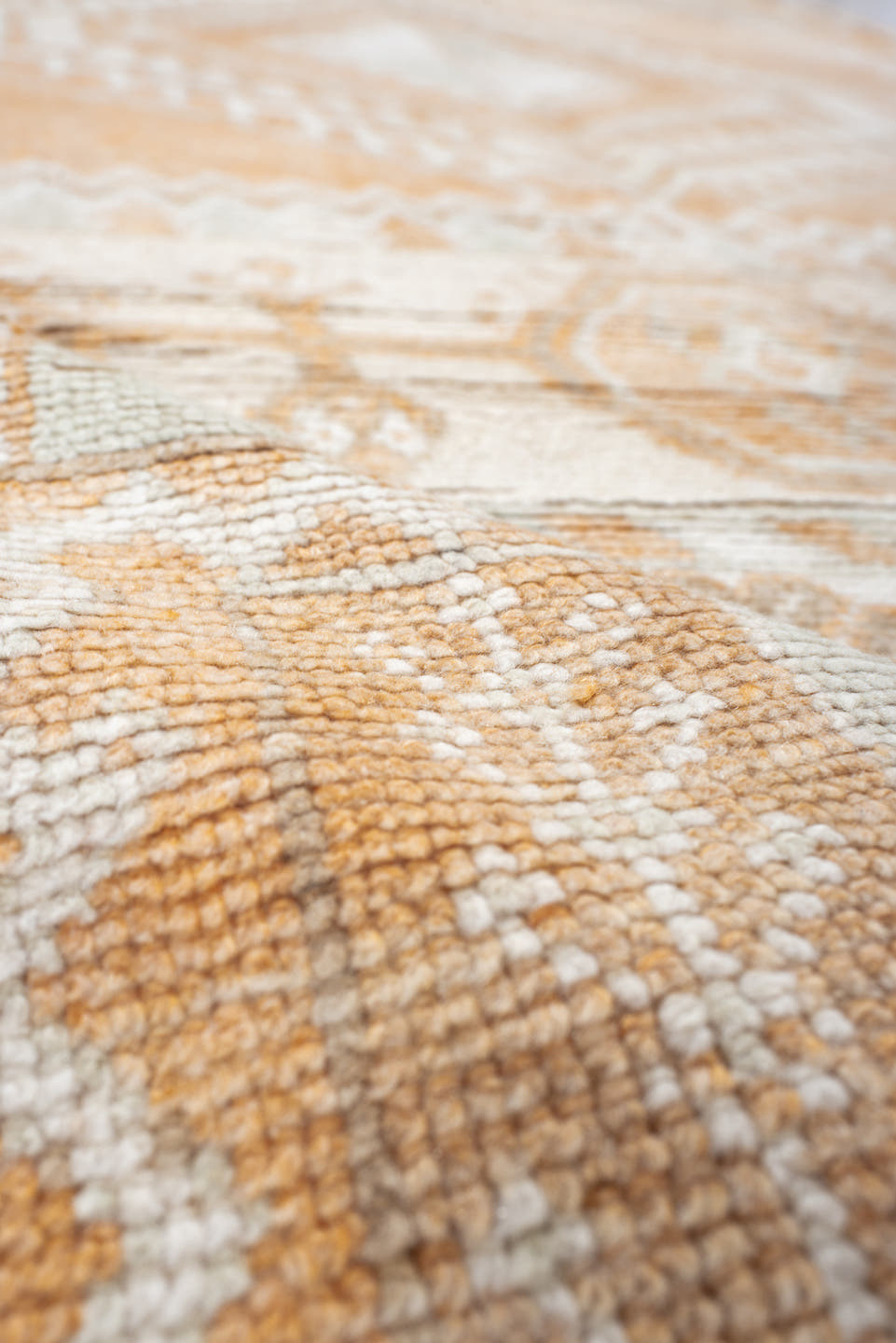 5' x 11' one-of-a-kind handmade antique Moroccan rug. Color palette: apricot, ivory, pale blue, sand, cream, terracotta