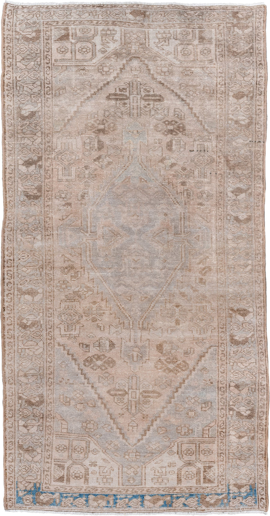 3' x 6' one-of-a-kind handmade vintage Hamadan rug. Color palette: ivory, taupe, sand, pale blue, beige, camel, gray