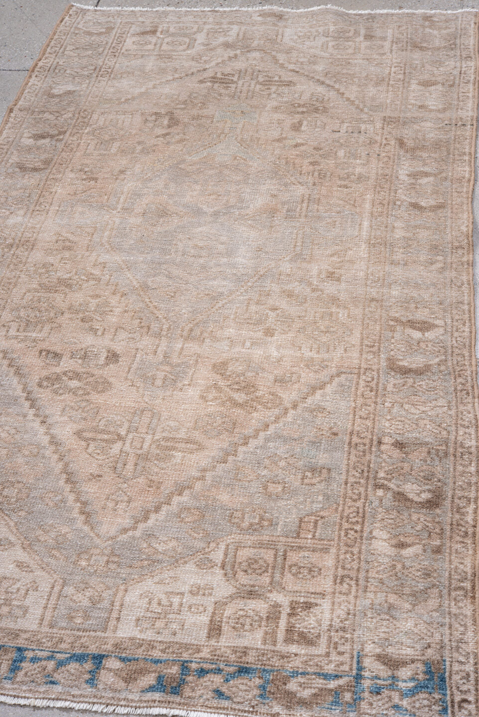 3' x 6' one-of-a-kind handmade vintage Hamadan rug. Color palette: ivory, taupe, sand, pale blue, beige, camel, gray