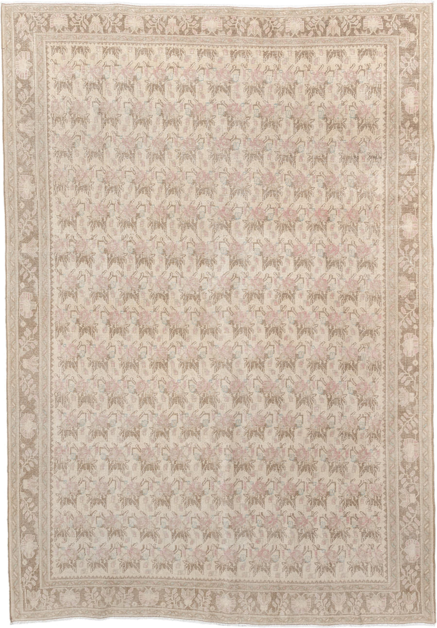 6' x 9' one-of-a-kind handmade vintage Afshar large size rug. Color palette: ivory, taupe, beige, blush, pale blue, sand