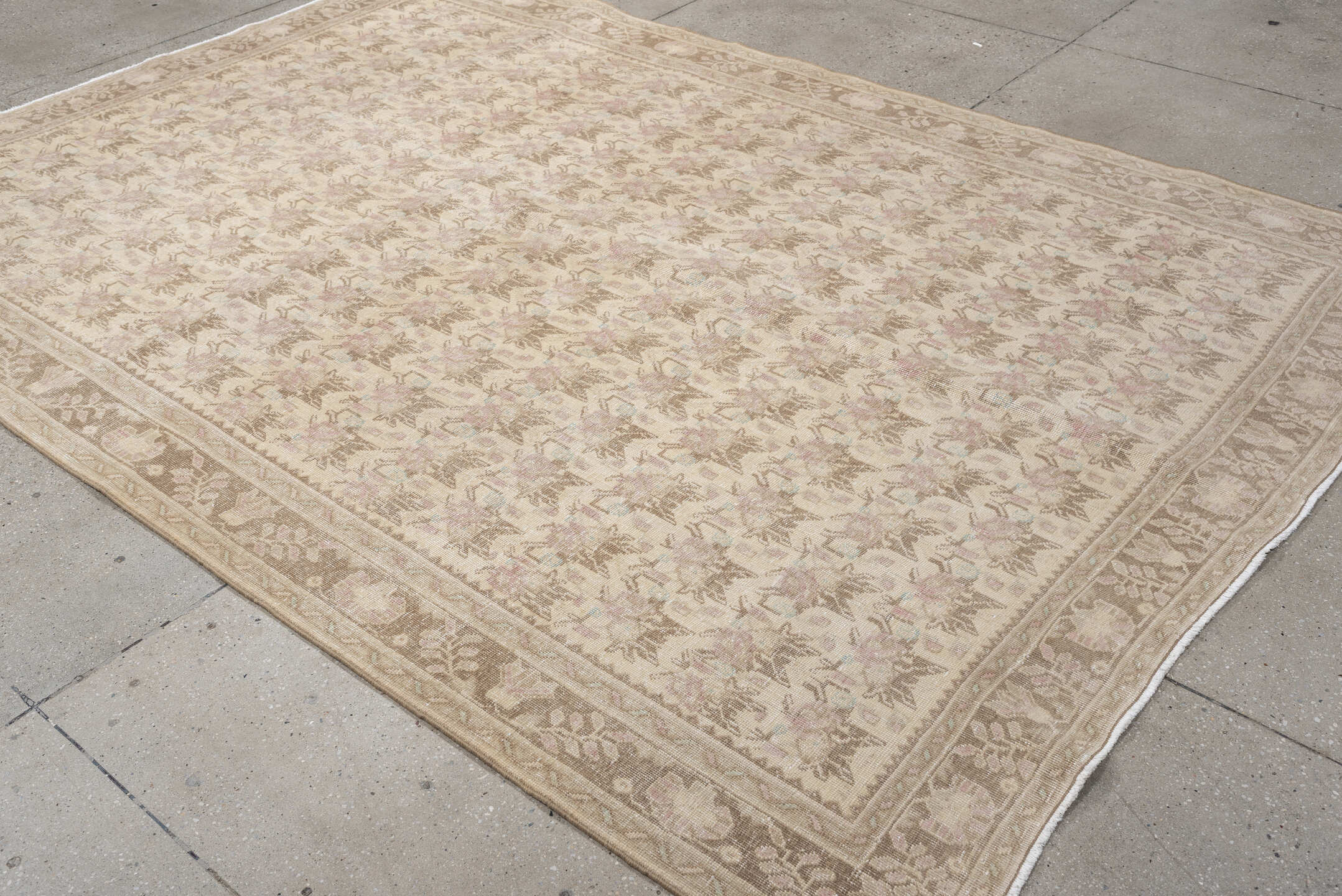 6' x 9' one-of-a-kind handmade vintage Afshar large size rug. Color palette: ivory, taupe, beige, blush, pale blue, sand