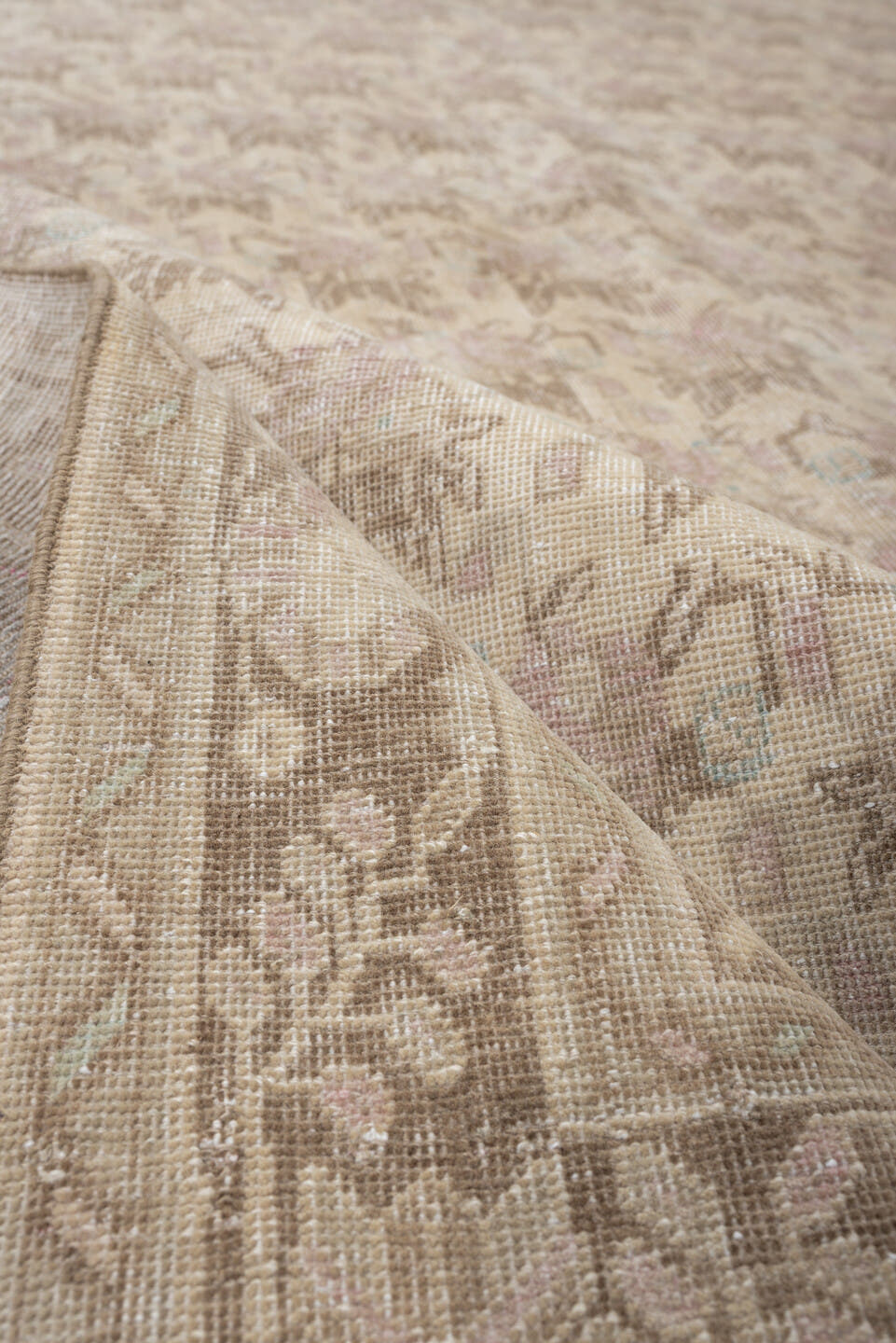 6' x 9' one-of-a-kind handmade vintage Afshar large size rug. Color palette: ivory, taupe, beige, blush, pale blue, sand