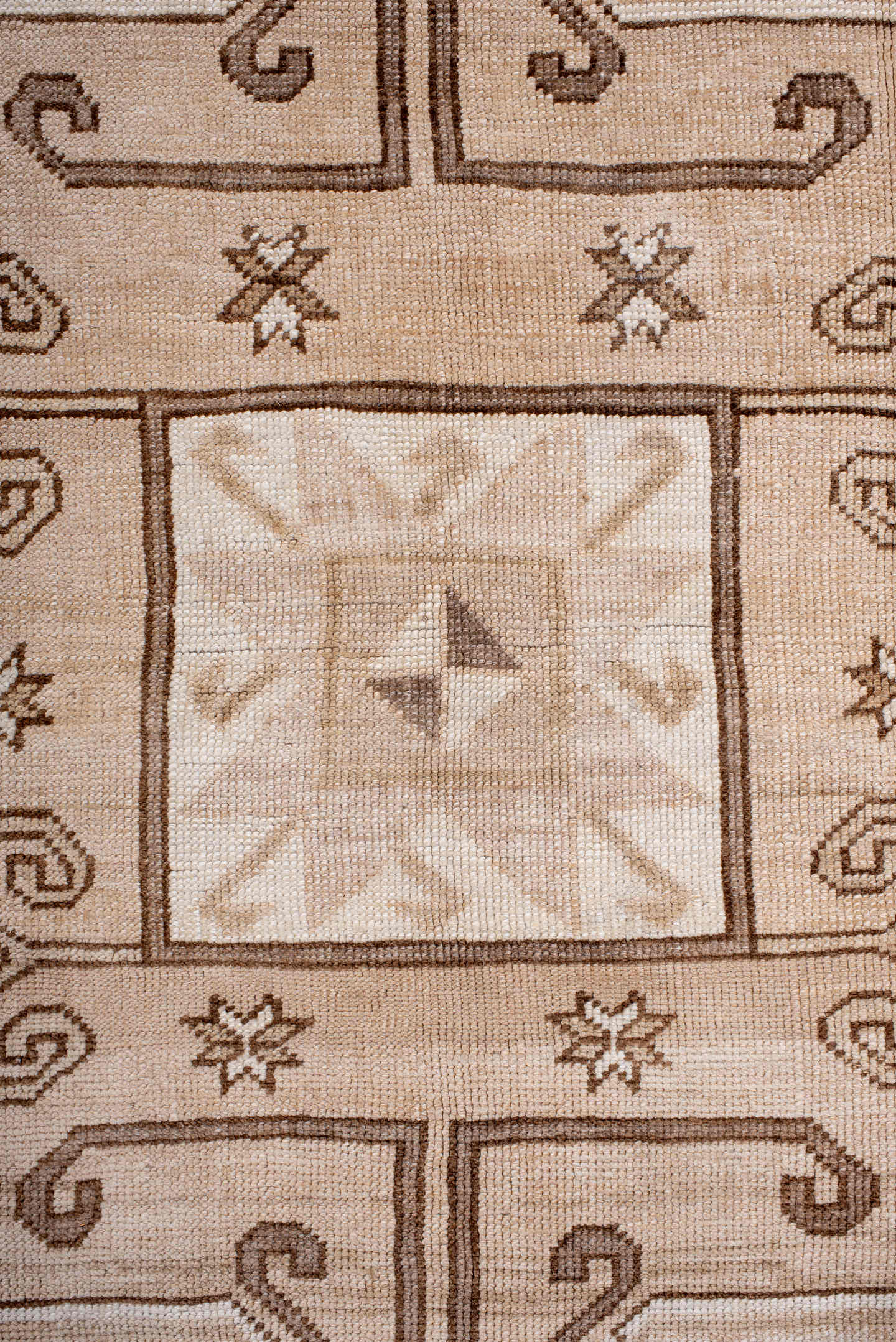 6' x 10' one-of-a-kind handmade antique Kars large size rug. Color palette: ivory, beige, taupe, camel, brown, blush, gray